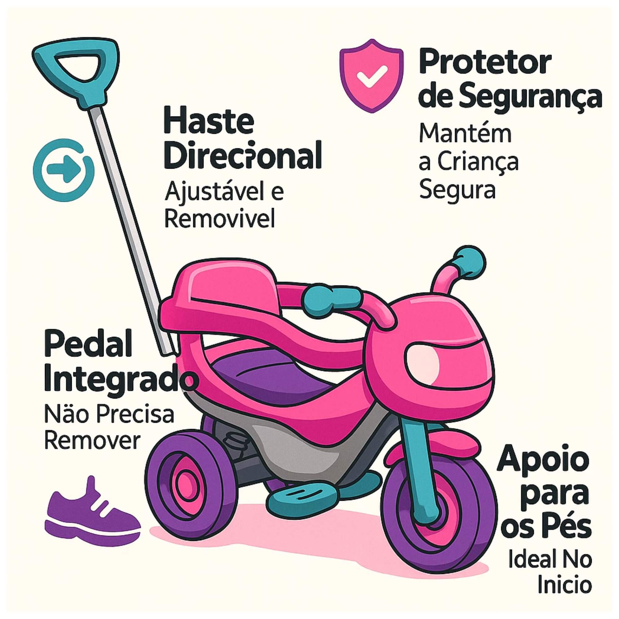 Triciclo Moto Rider Andador Rosa c/ Haste Direcional e Apoio para Pés Usual Brinquedos - 898
