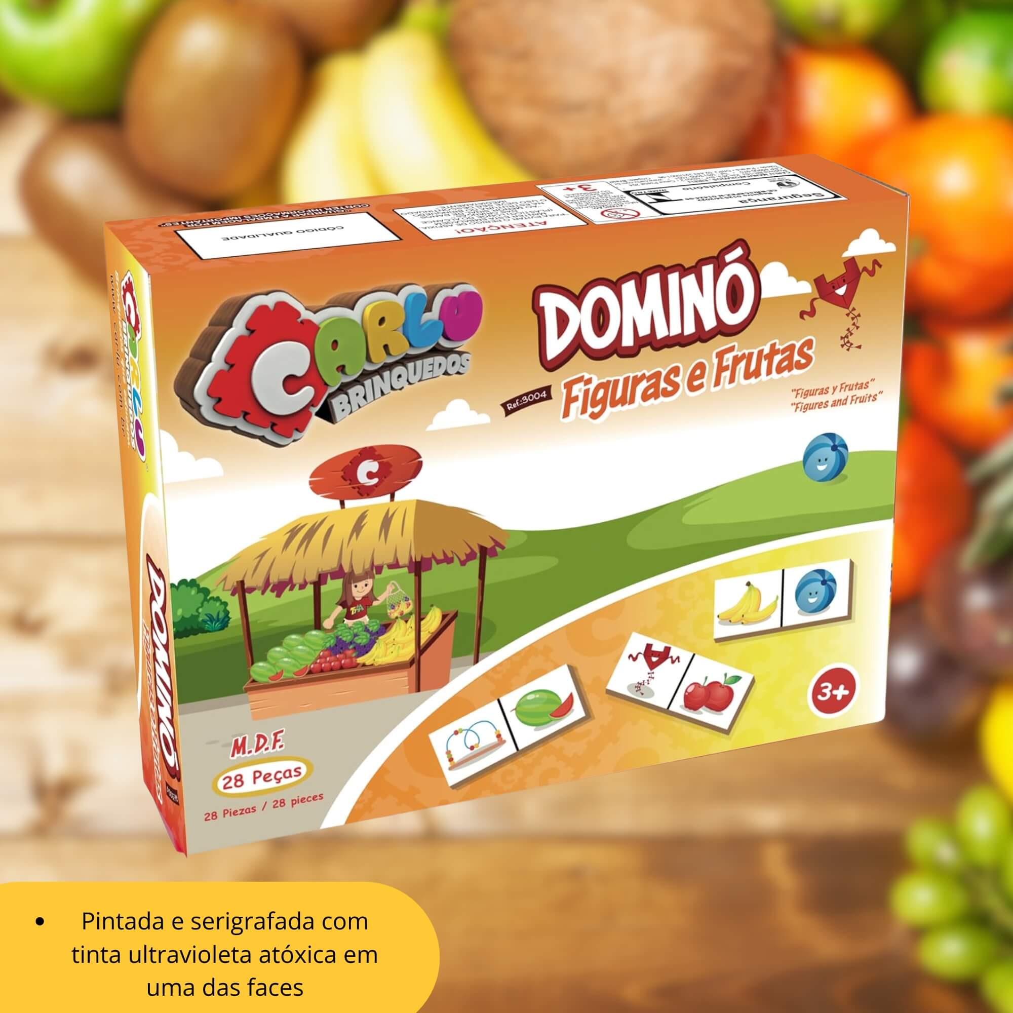 Jogo Infantil Dominó Figuras e Frutas em Madeira com 28 Peças Carlu - 3004