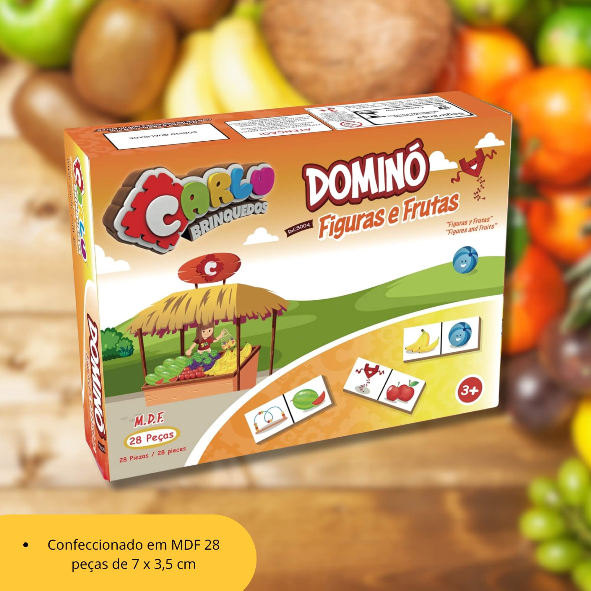 Jogo Infantil Dominó Figuras e Frutas em Madeira com 28 Peças Carlu - 3004