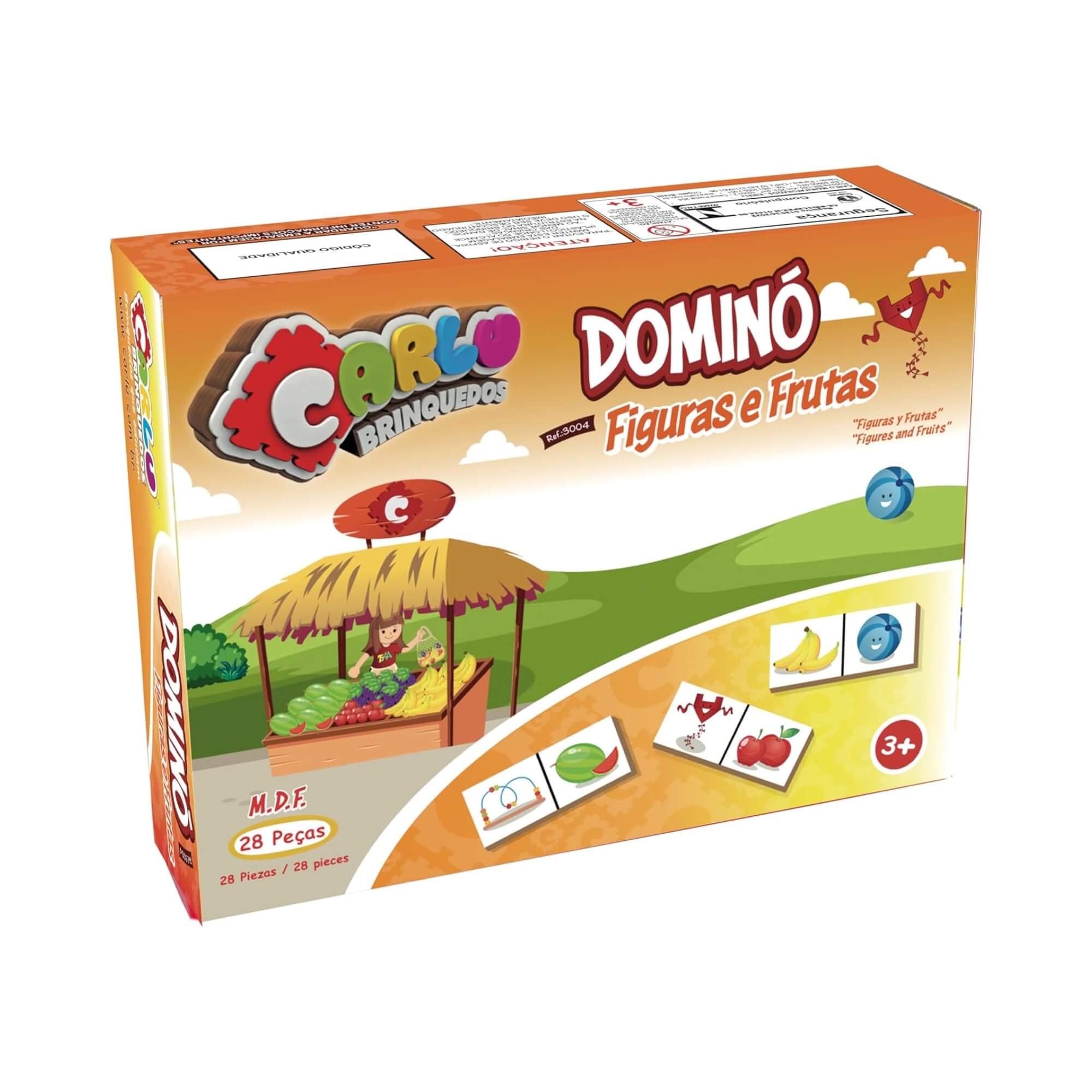 Jogo Infantil Dominó Figuras e Frutas em Madeira com 28 Peças Carlu - 3004