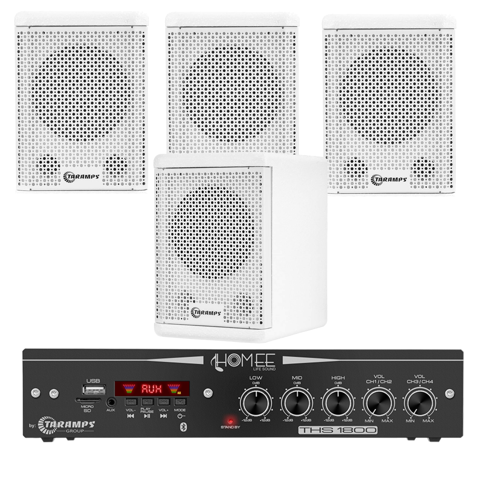 COMP Kit Amplificador Som Ambiente 80 Watts 4 canais THS 1800 + 4 Caixas Taramps  Branca - Taramps