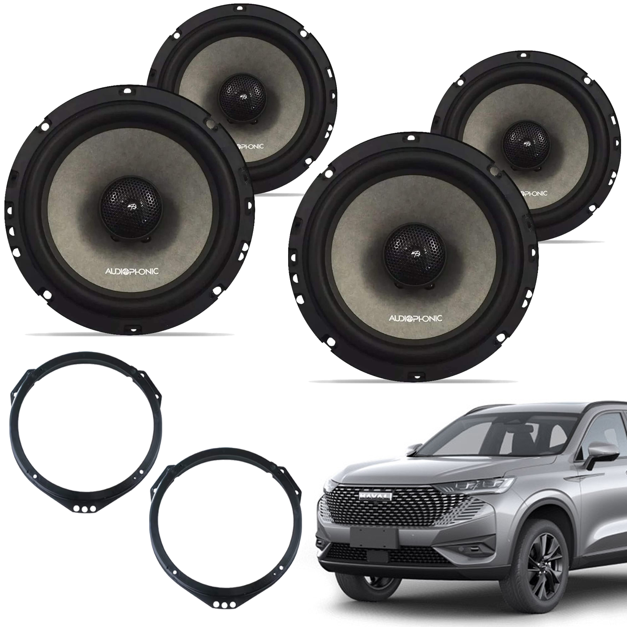 COMP Kit Upgrade 4 Alto Falantes Coaxial Audiophonic  650-V2 GWM HAVAL H6 + Aros Adaptadores Binde