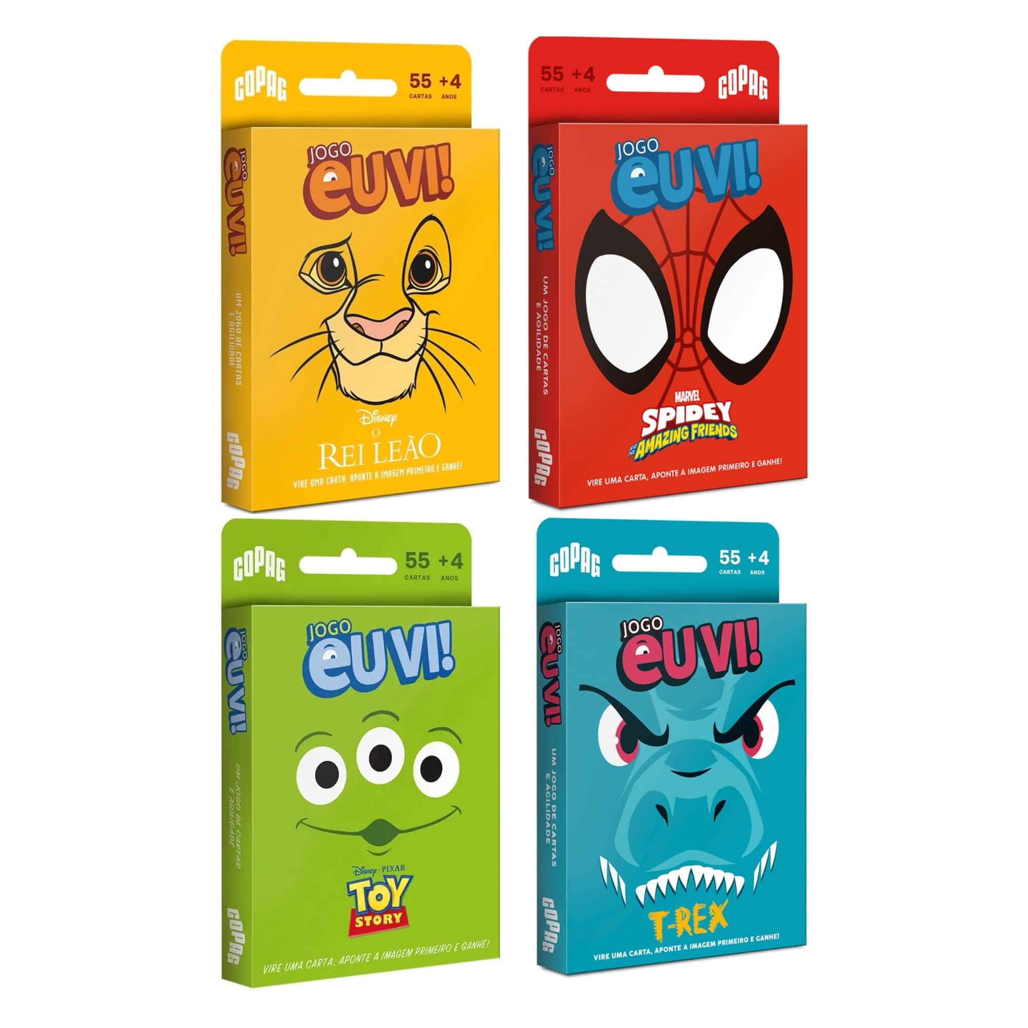 COMP Kit 4 Jogos Eu Vi! 55 Cartas: Rei Leão, Spidey, Aliens de Toy Story e T-Rex