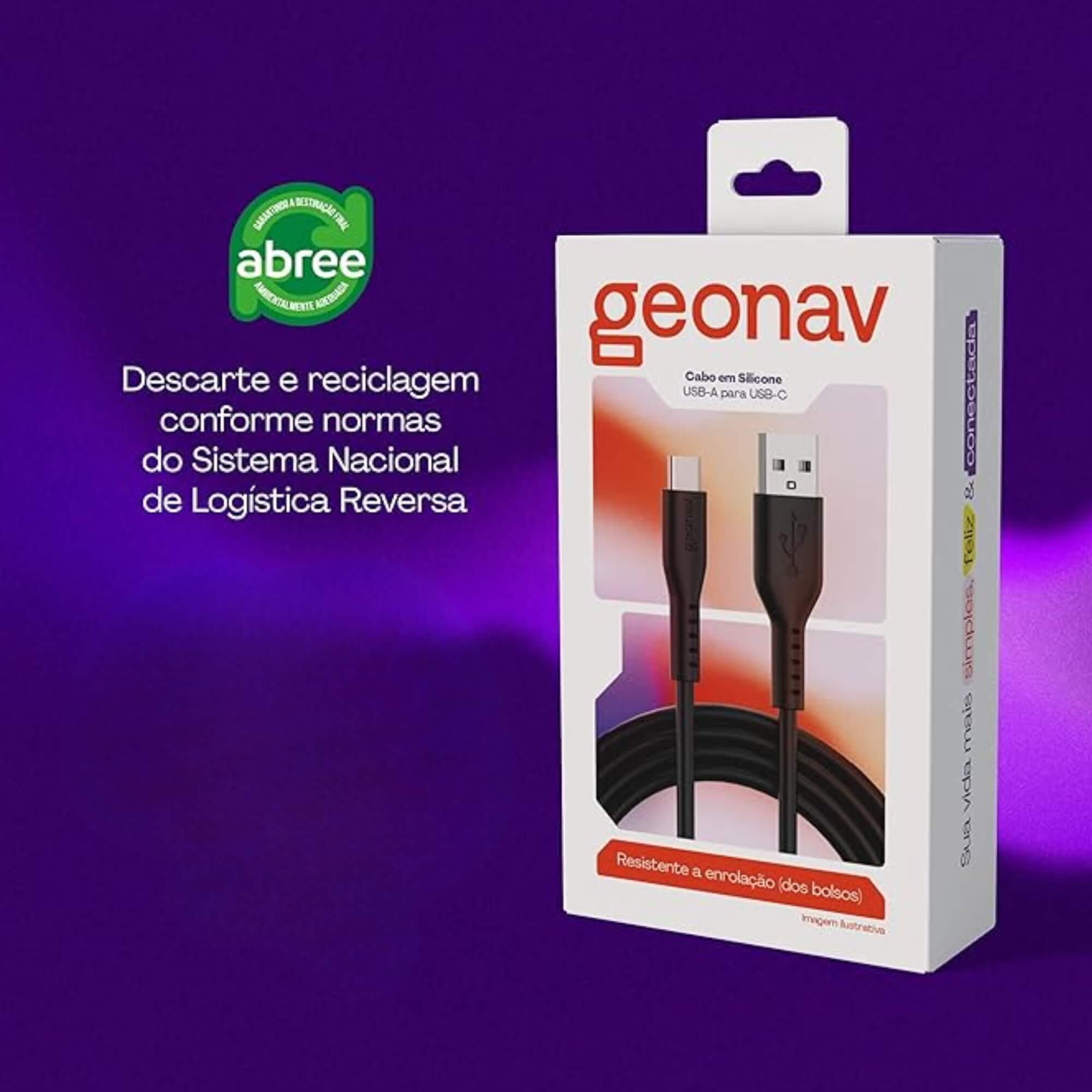 Cabo em Silicone Flexível Usb-a Para Usb-c 38w 1,5m Cor Preto ESC05SBK Geonav - 11760