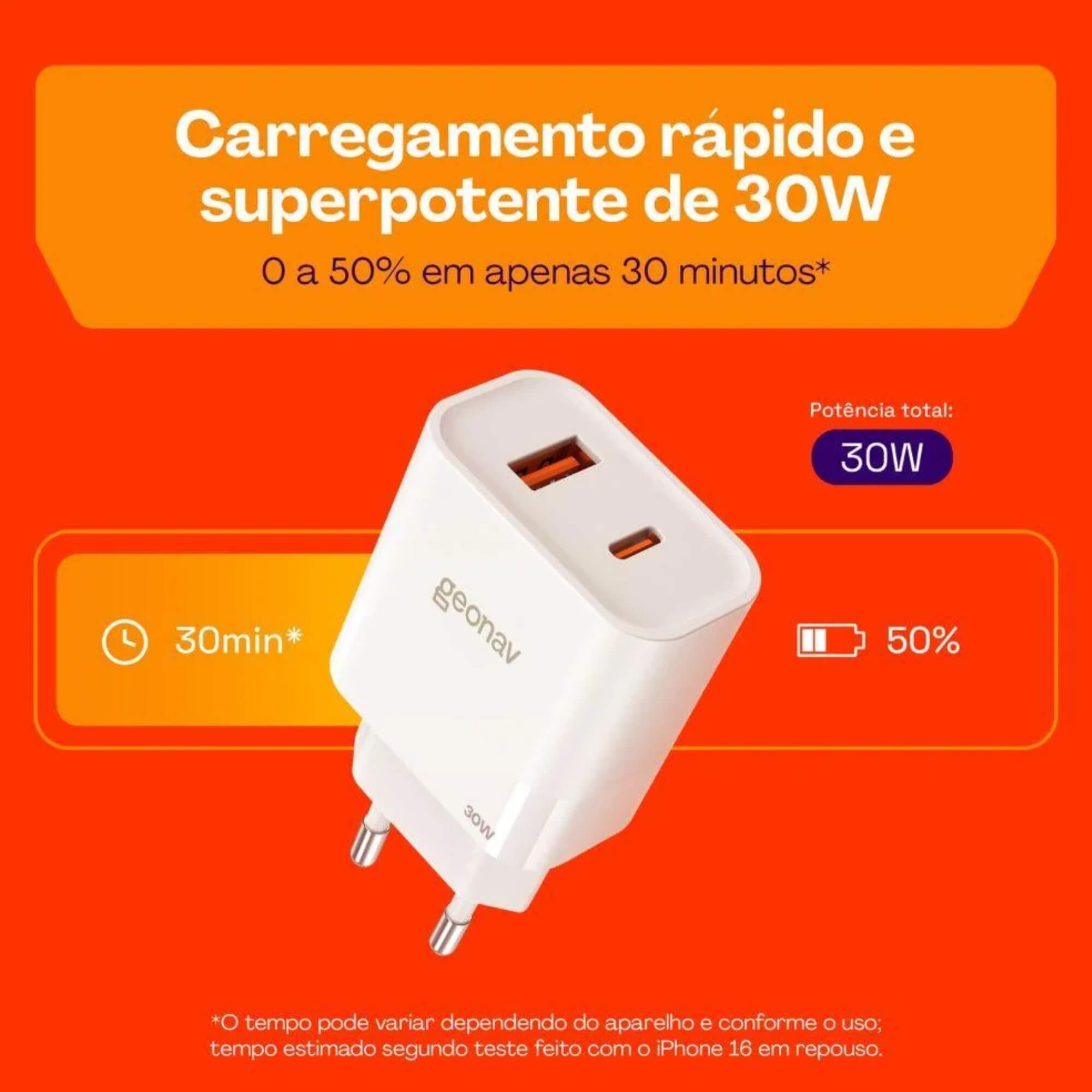 Carregador Parede 30W com 2 Portas Branco Geonav - CH30PDQCWT