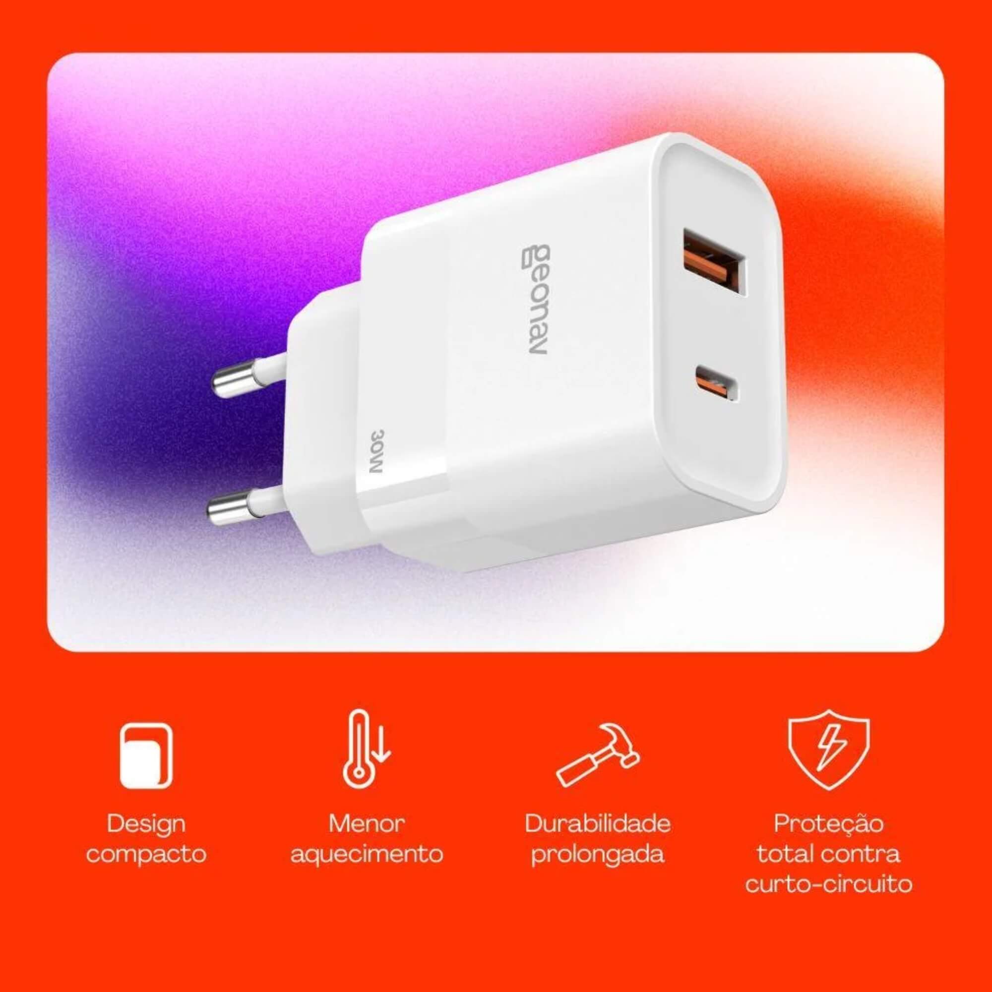 Carregador Parede 30W com 2 Portas Branco Geonav - CH30PDQCWT