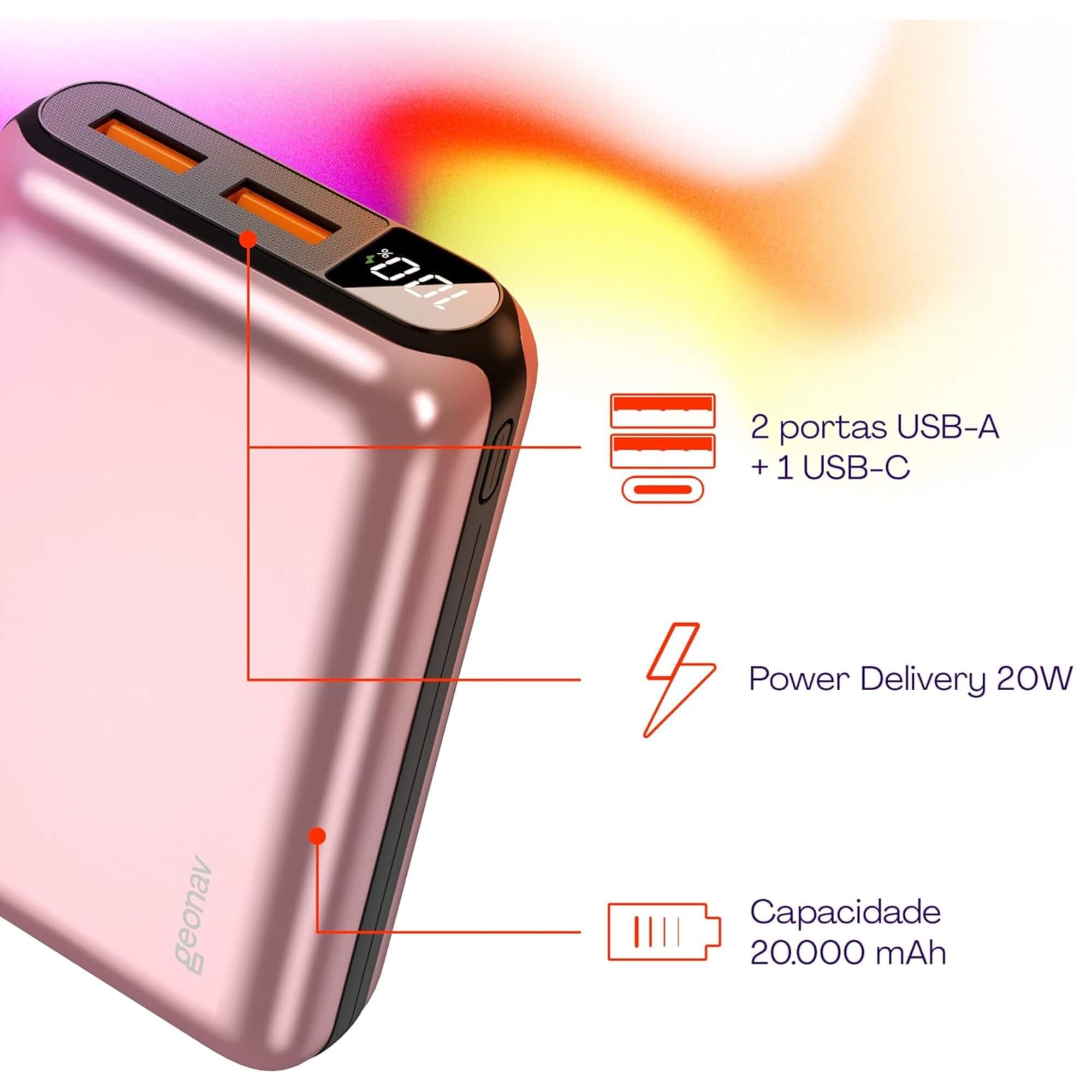 Carregador Portátil Power Bank 20000mah com Carregamento Rápido Geonav - 11626
