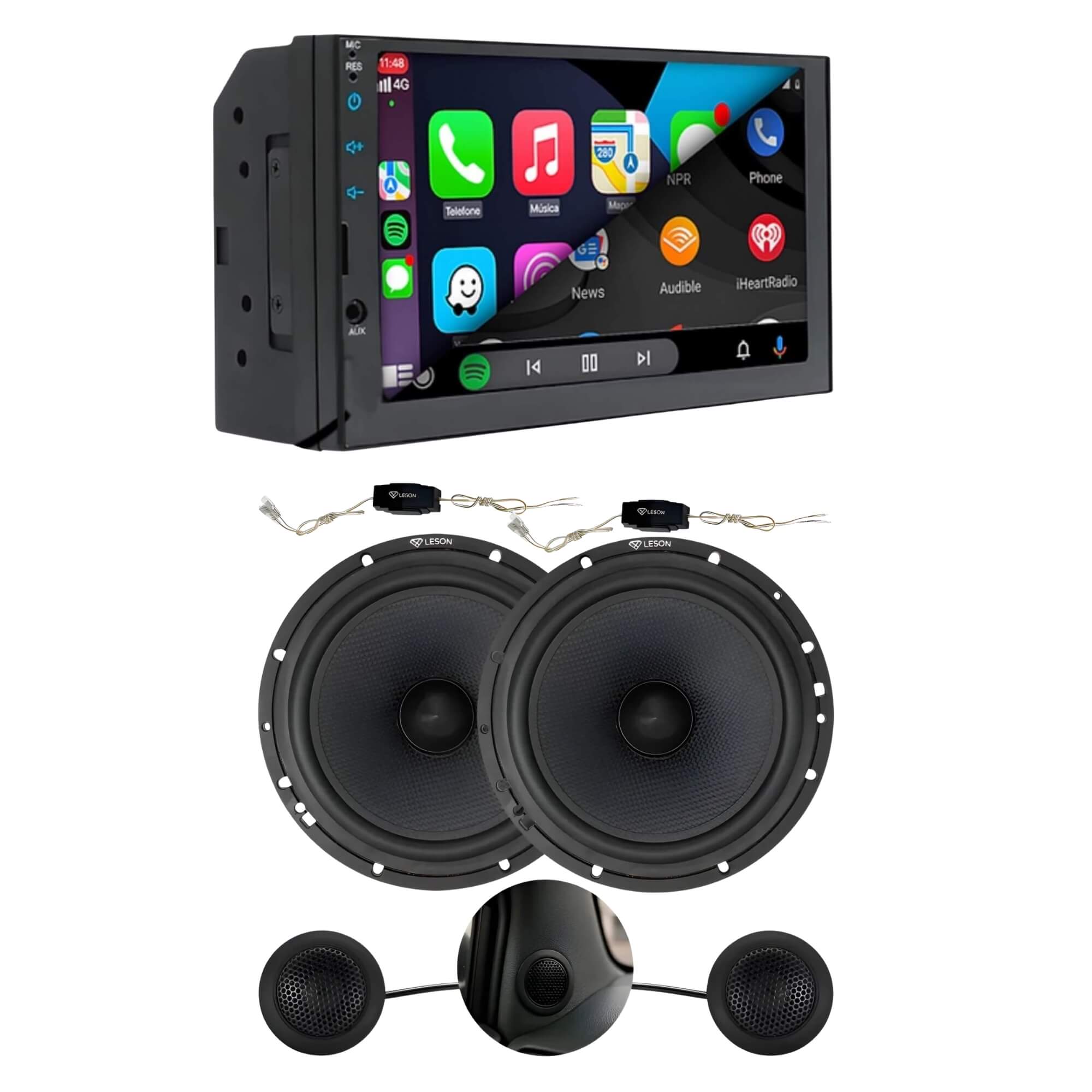 COMP Kit Multimídia MP5 7" H-Tech + Kit Duas Vias Diamond 6 Pol 160W + Crossover Leson