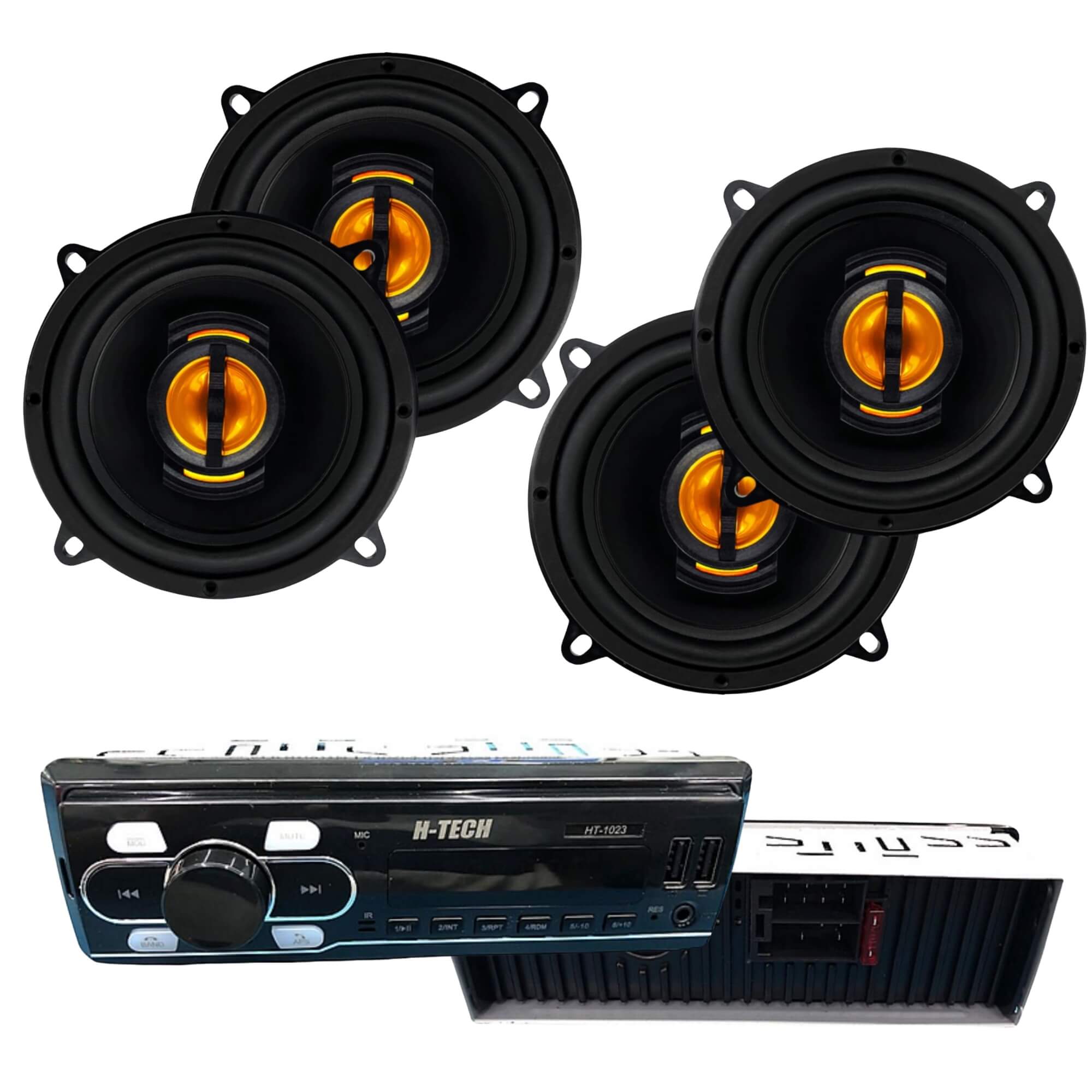 COMP Kit Som Automotivo com Rádio H-Tech HT-1023 + 2 Pares de Alto-Falantes Leson JB5 Flex 5" 110W
