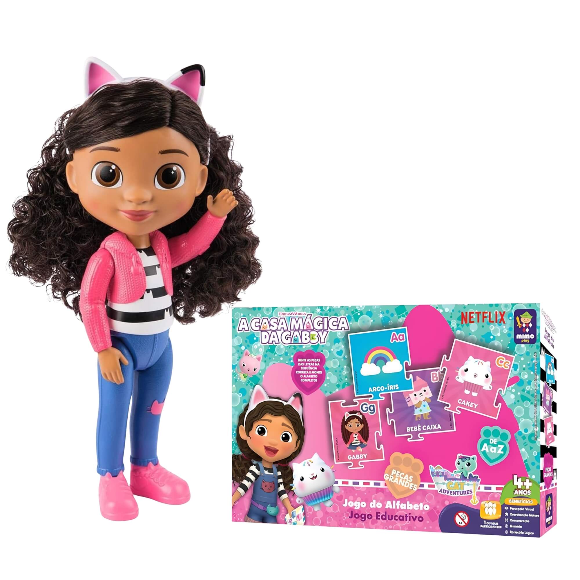 Kit Boneca Gabby 13" com Orelhas de Gato + Jogo do Alfabeto Casa Mágica da Gabby