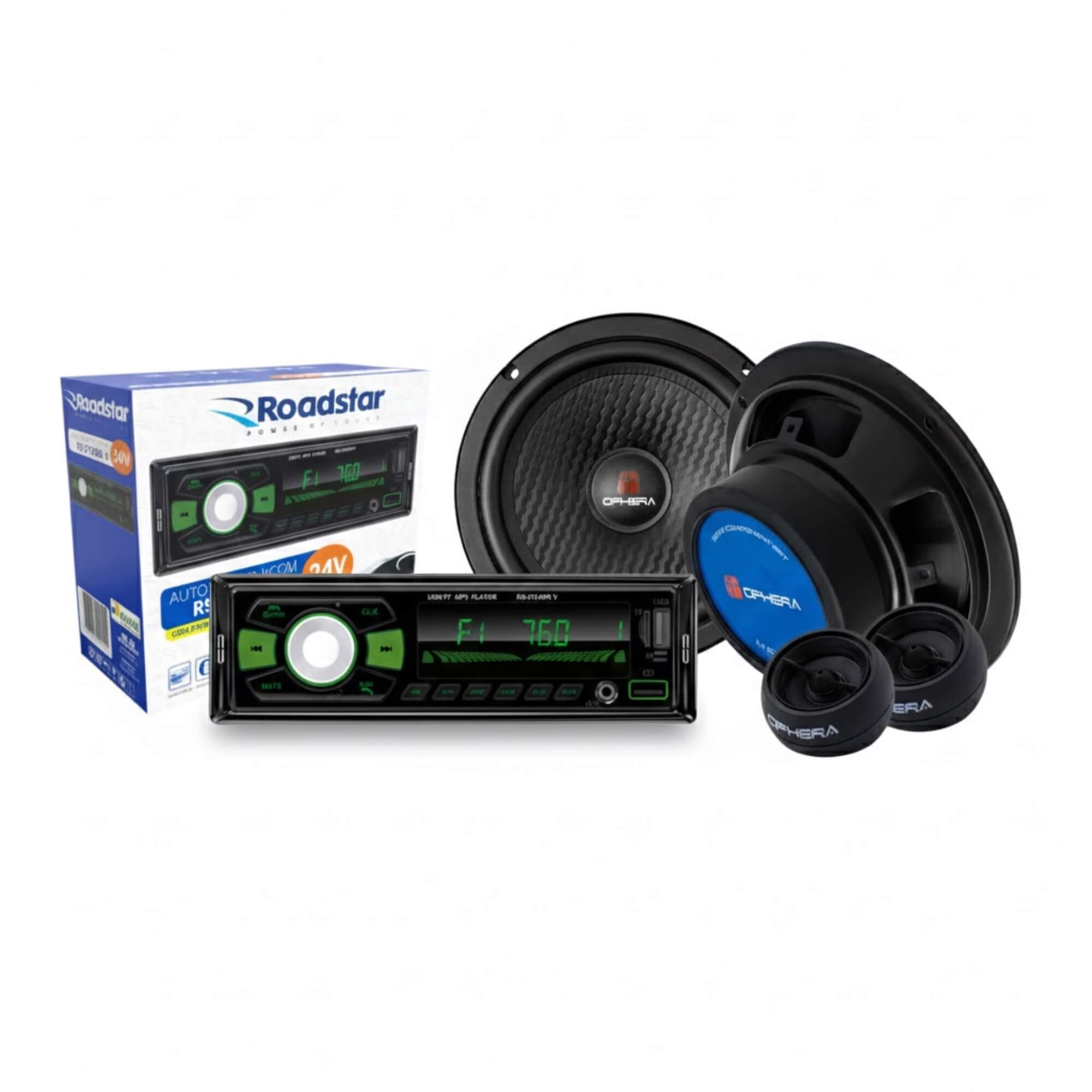 COMP Kit Alto Falante Ophera 6,5" 160W RMS + Auto Rádio Roadstar p/ Palio/Siena/Strada/Uno/Fiorino