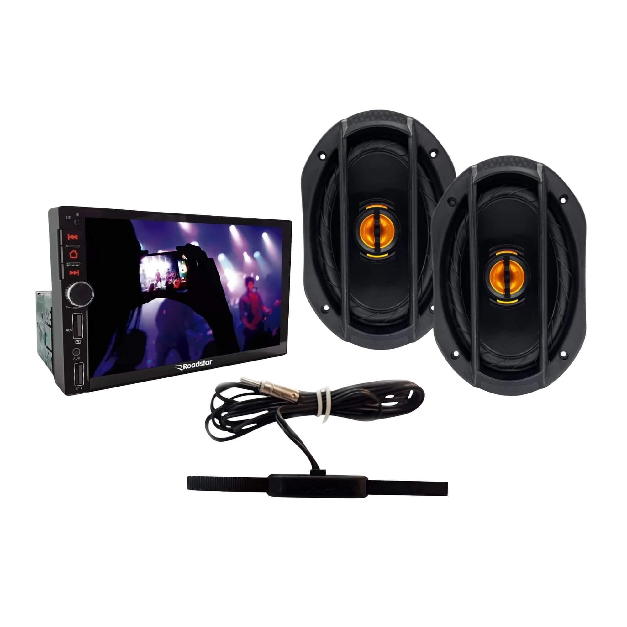 COMP Kit Antena Eletrônica + Alto-Falantes Leson 6x9" JB69 Flex + Multimídia Roadstar 7" RS401BR MI