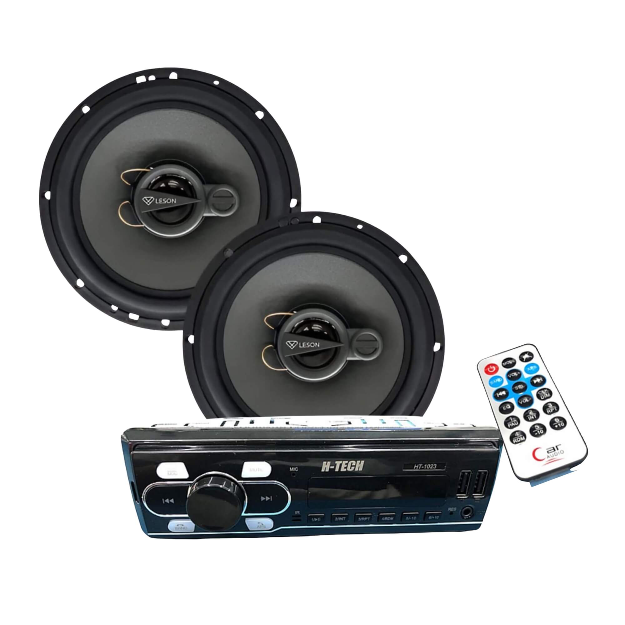 COMP Kit Som Automotivo: Rádio BT 1 Din c/ Controle Remoto + Par de Alto Falantes 6" Pol Leson