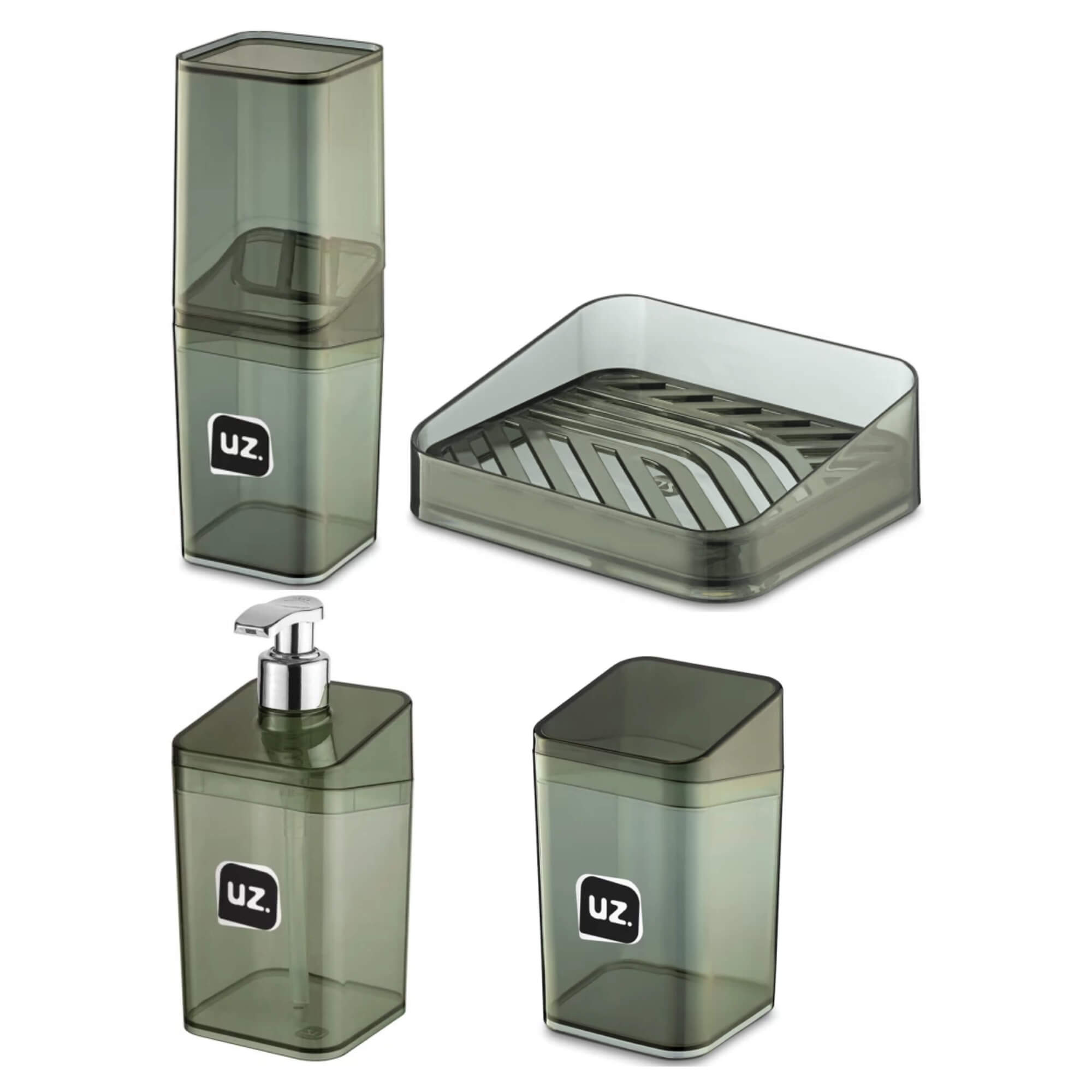 COMP Kit Banheiro Slim Translúcido Preto: Porta Escova, Sabonetes e Algodão