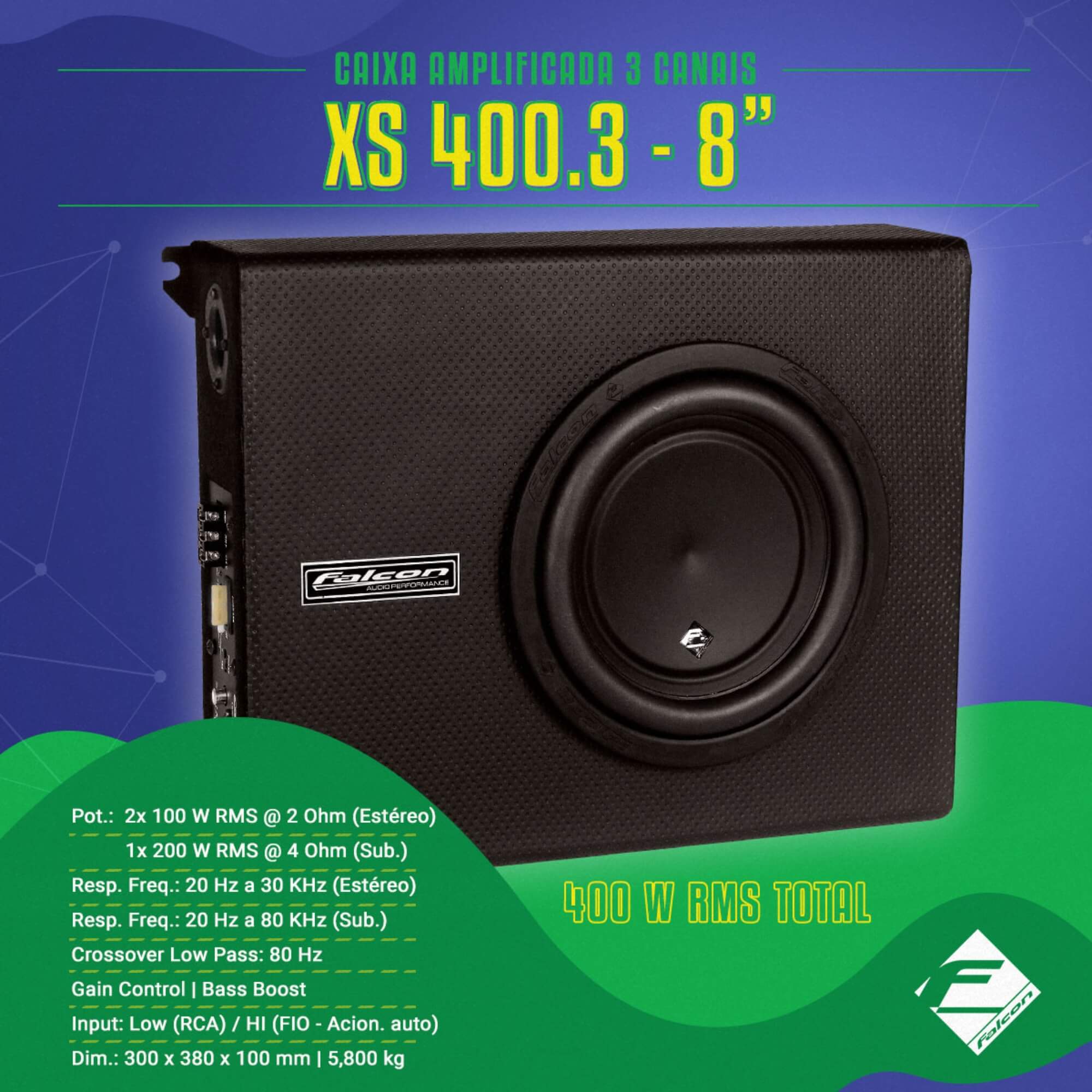 COMP Kit Conversor RCA Falcon FC4X + Caixa Slim Amplificada 8” 450W RMS XS400.3SL