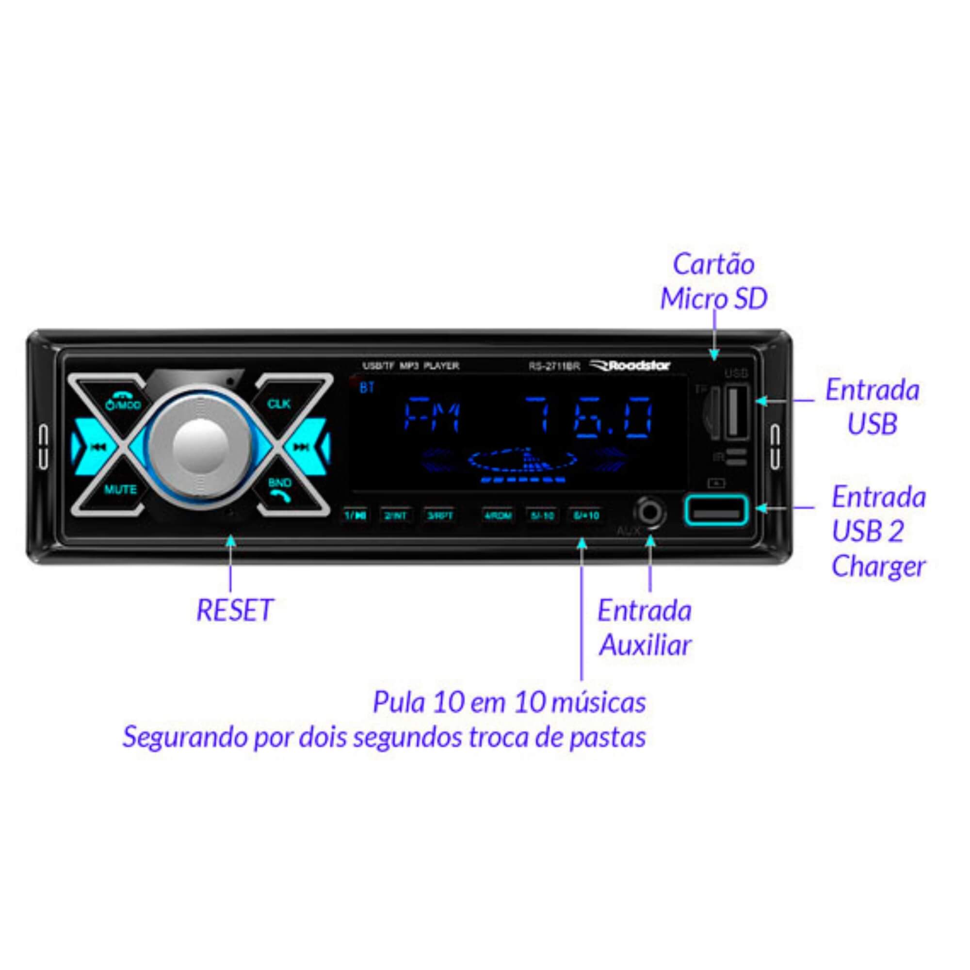 COMP Kit Som Automotivo Roadstar RS2714BR Bluetooth + Alto Falantes Audiophonic CN650 6,5