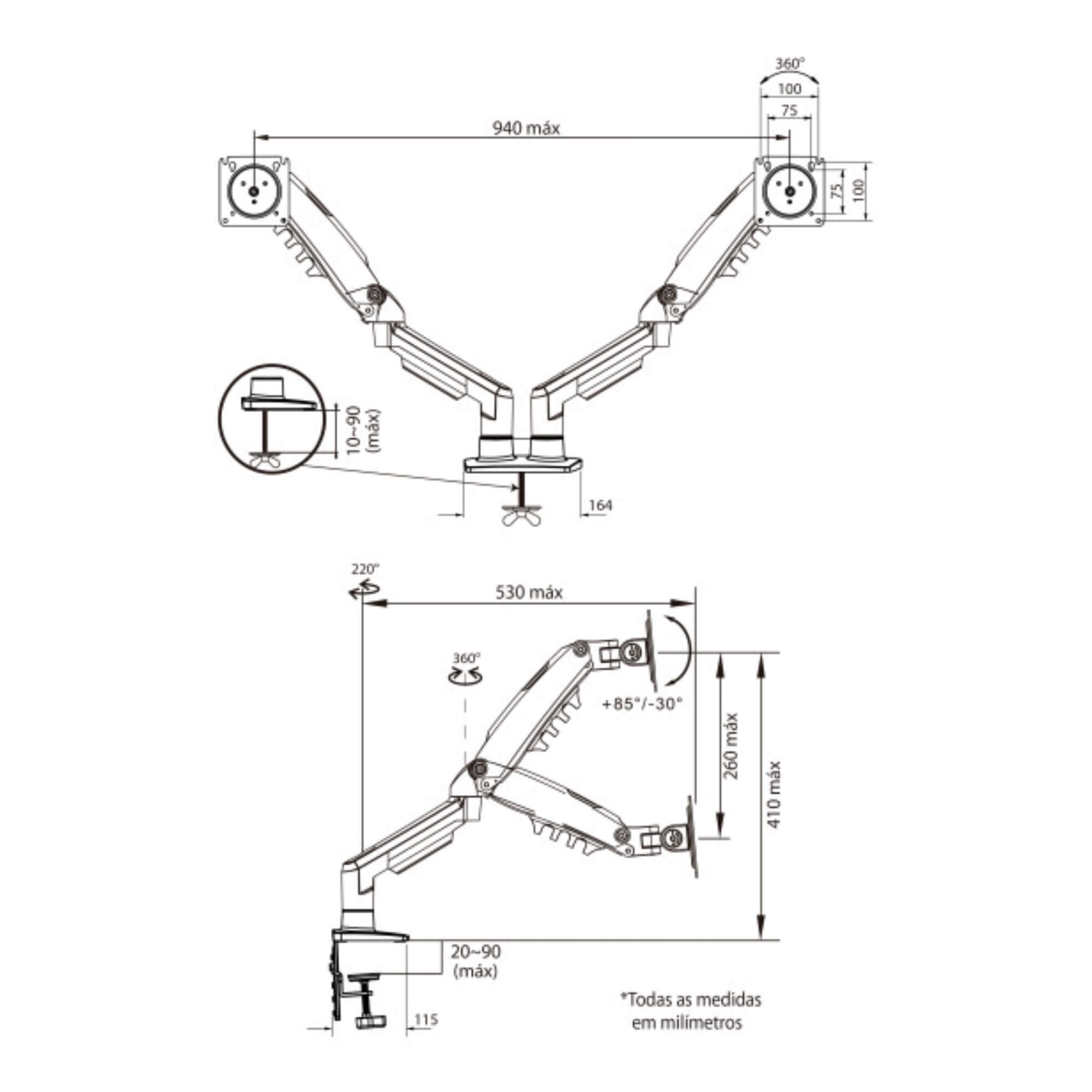 Suporte Ergonômico Articulado de Mesa c/ Pistão a Gás p/ 2 Monitores de 17” a 35” ELG - F160N