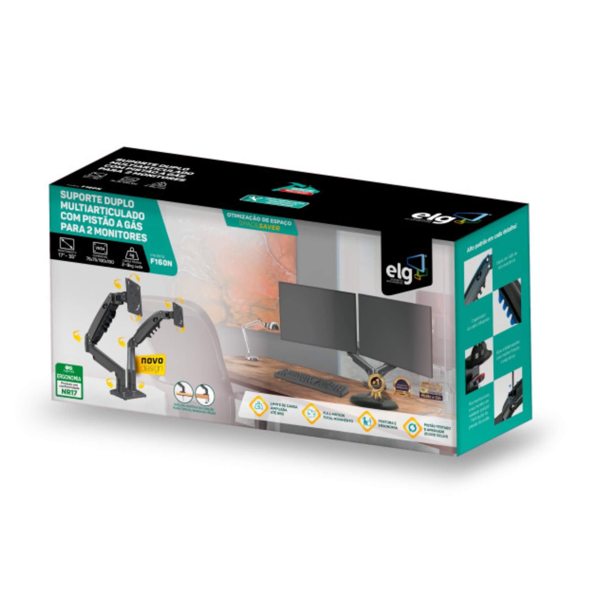 Suporte Ergonômico Articulado de Mesa c/ Pistão a Gás p/ 2 Monitores de 17” a 35” ELG - F160N