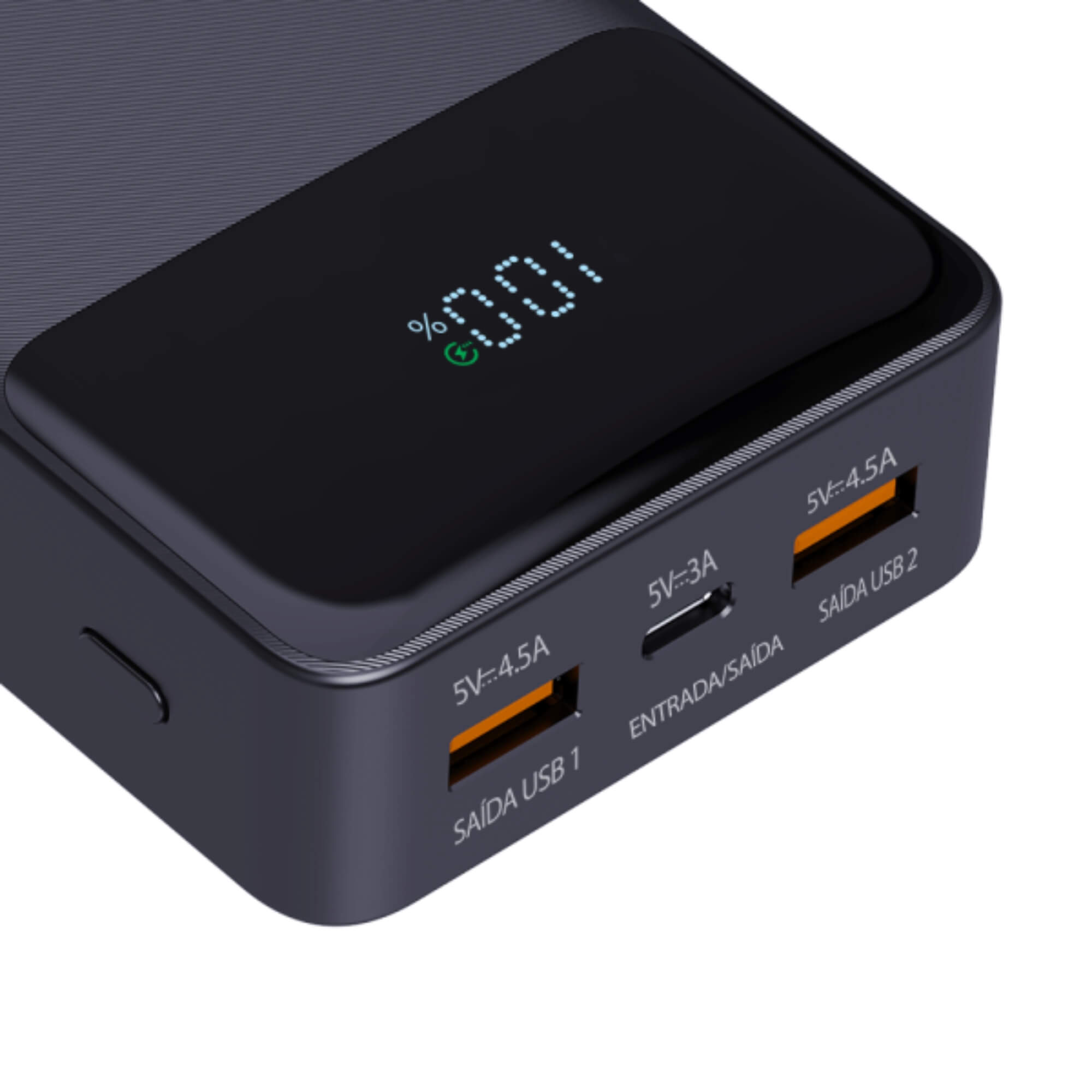 Power Bank 20000MAH com Display Indicador, Preto 3 Saídas, USB-C, USB-A ELG - PB200BK