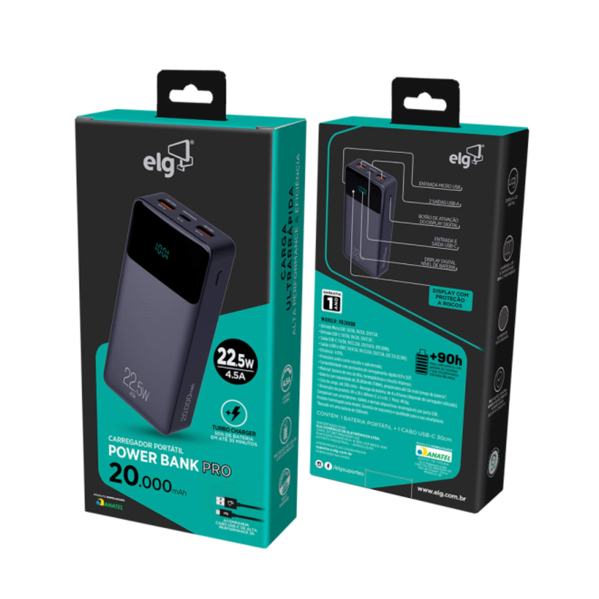 Power Bank 20000MAH com Display Indicador, Preto 3 Saídas, USB-C, USB-A ELG - PB200BK