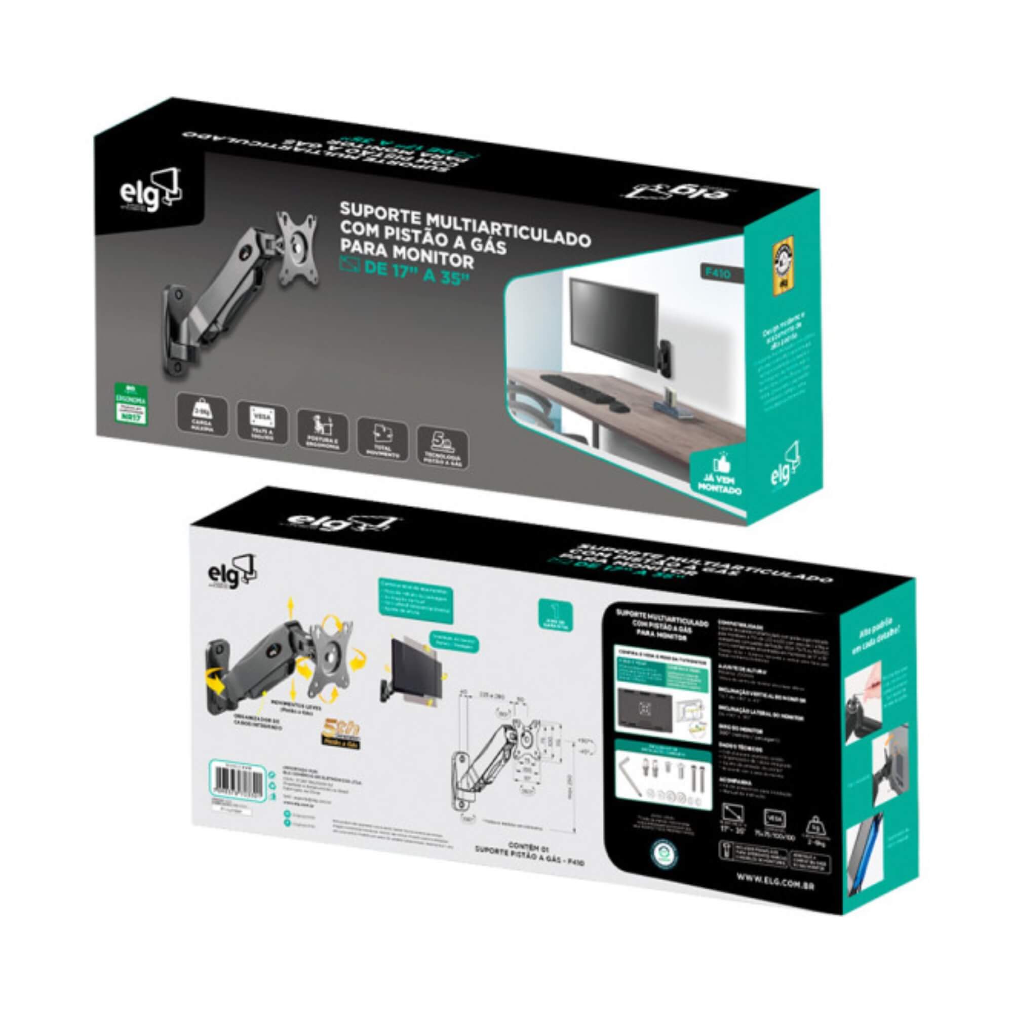 Suporte Ergonômico Multiarticulado de Parede c/ Pistão a Gás p/ Monitores de 17" a 34" ELG - F410