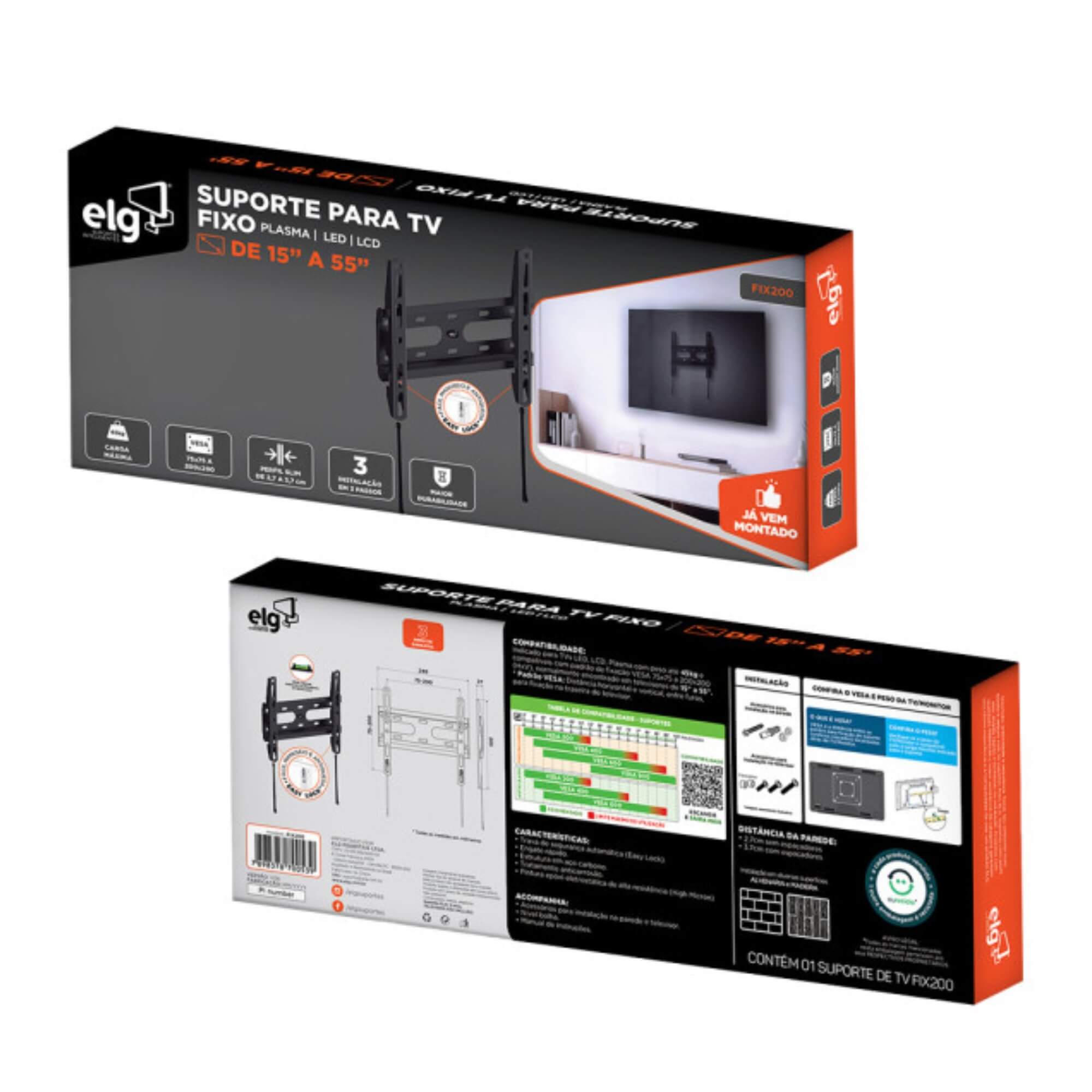 Suporte Fixo para TVs/Monitores LED, LCD, PLASMA DE 15" A 55" ELG - FIX200