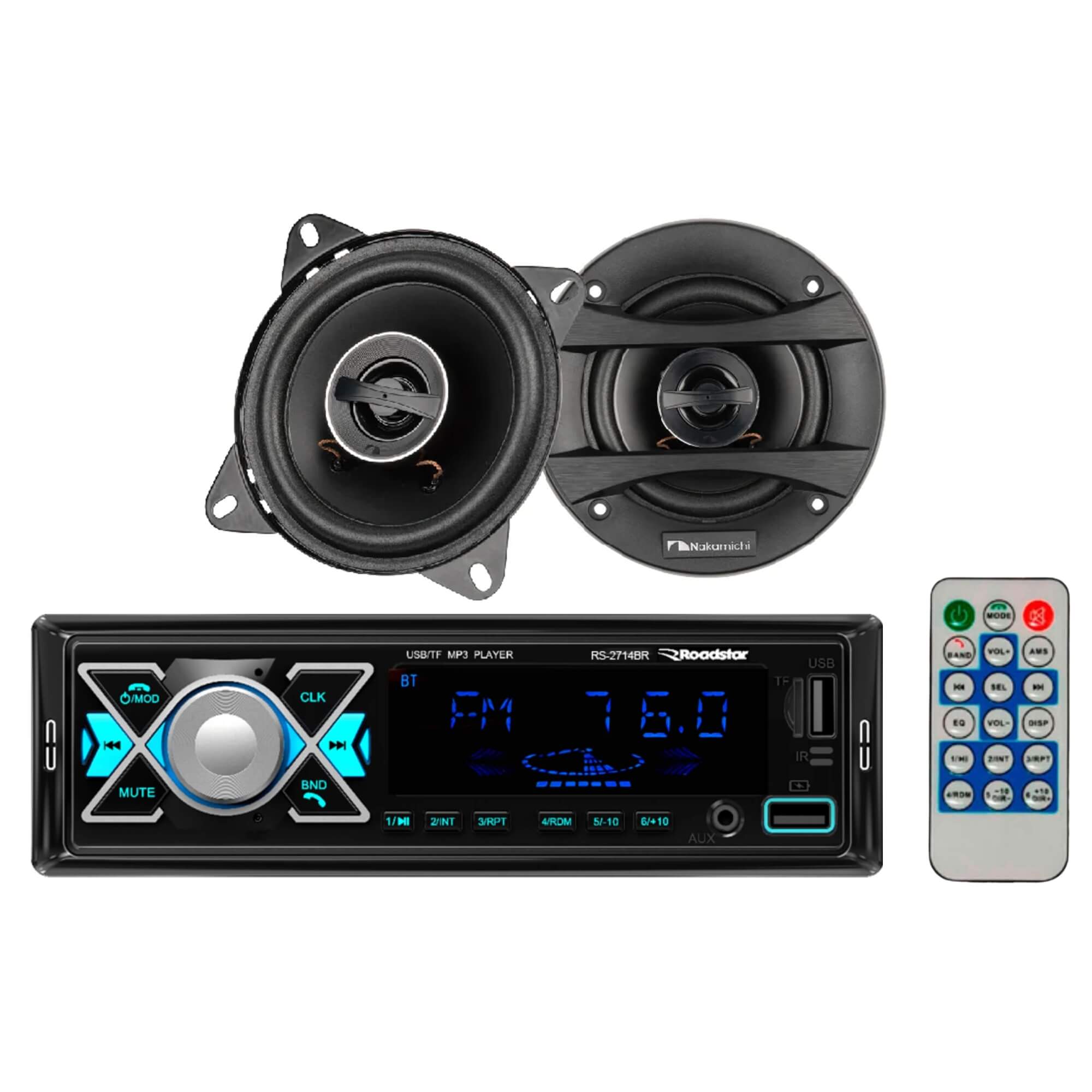 COMP Kit Alto Falante Coaxial 4" 50W + Rádio Bluetooth c/ Controle Remoto
