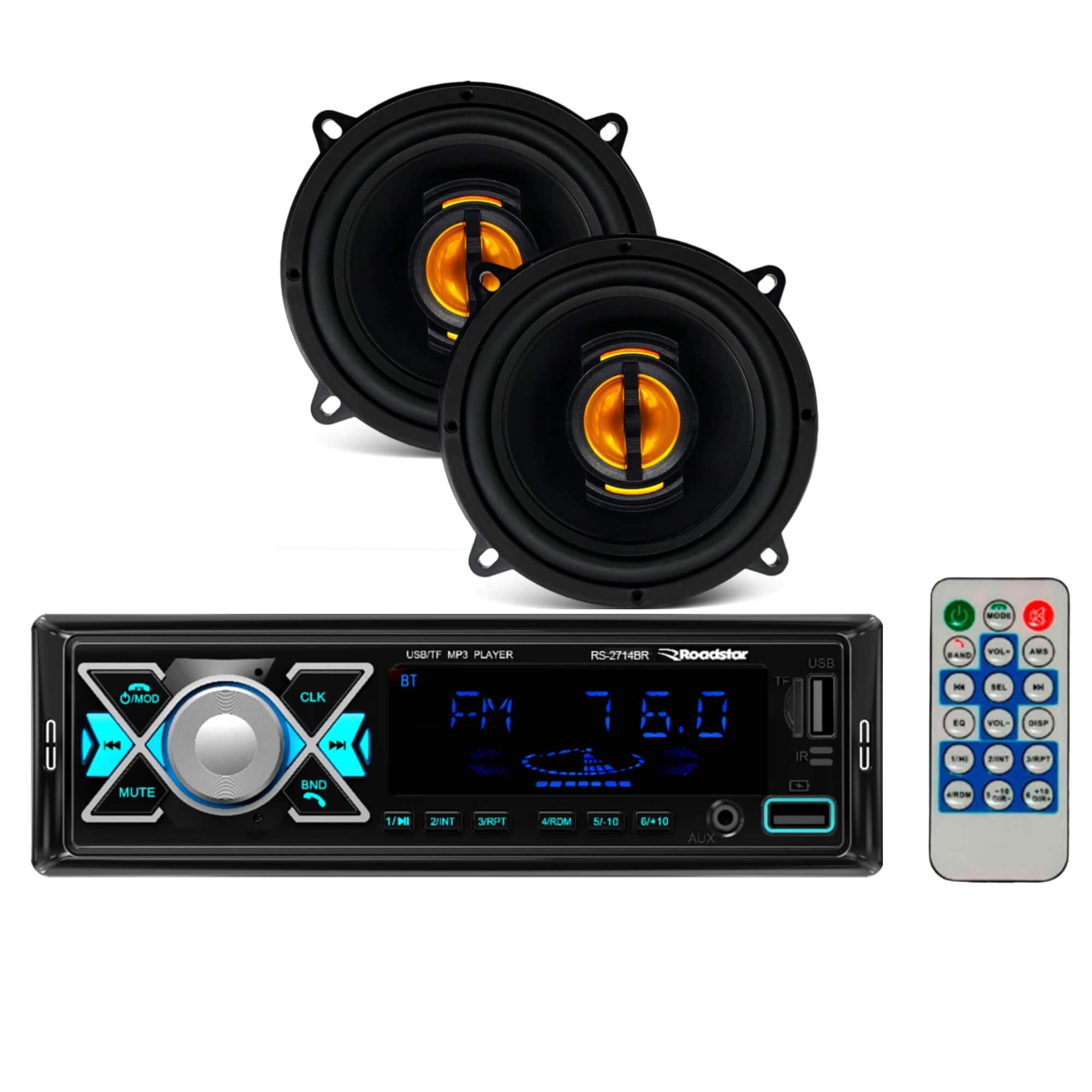 COMP Kit Par de Alto Falantes 5" 110W + Rádio Bluetooth c/ Controle Remoto
