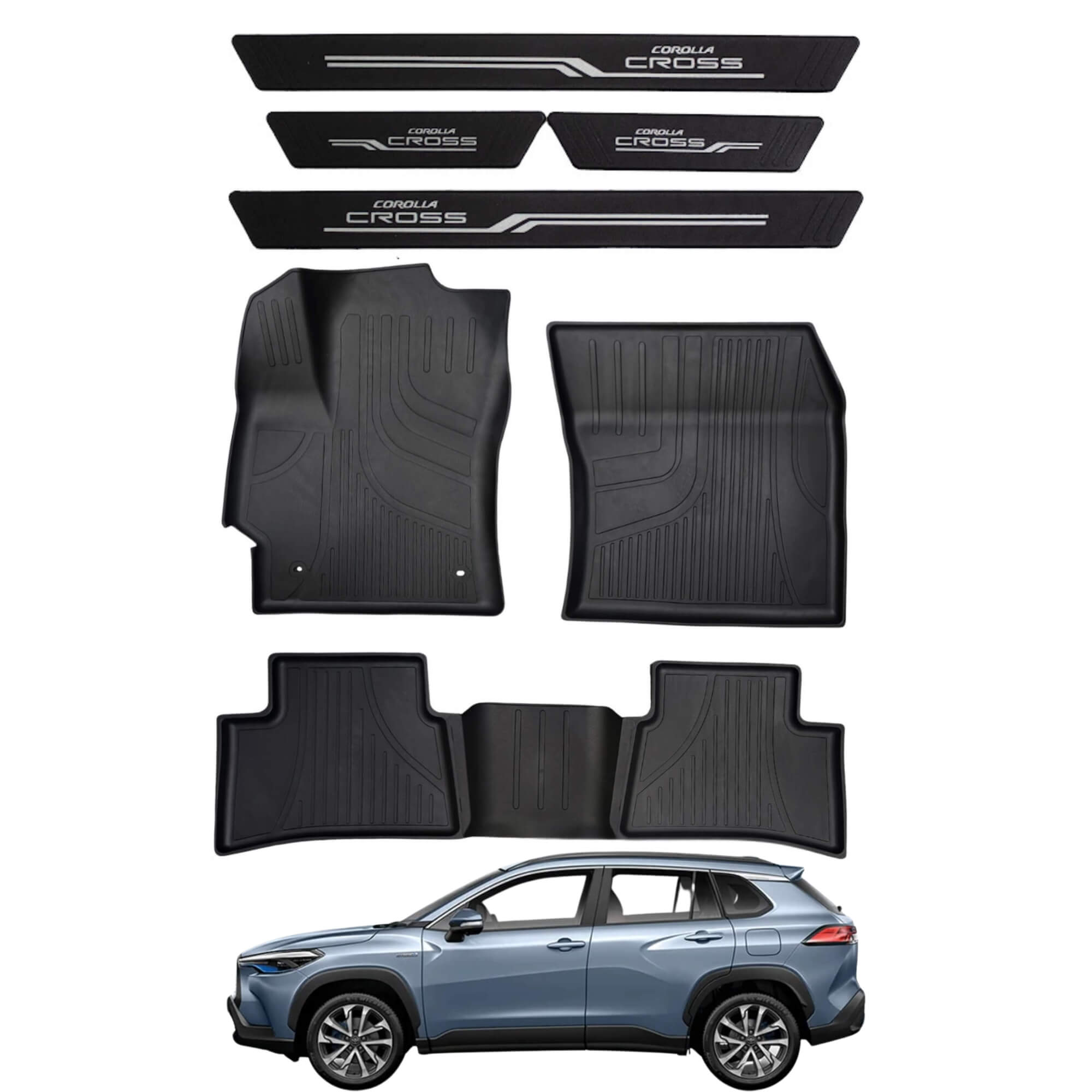 COMP Kit Corolla Cross a Partir de 2021: Tapete Bandeja 4 Peças + Soleira Preta 4 Portas
