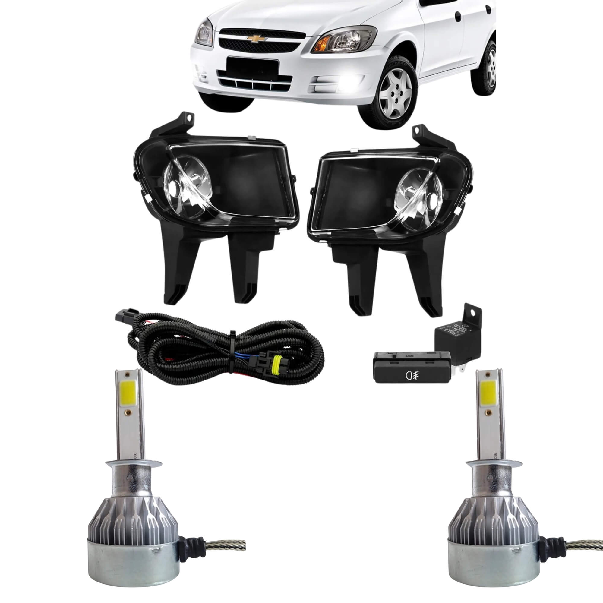 COMP Kit Farol de Milha Prisma 2012 Celta 2012 a 2015 + Lâmpadas Automotivas LED HB4 6000K Suits