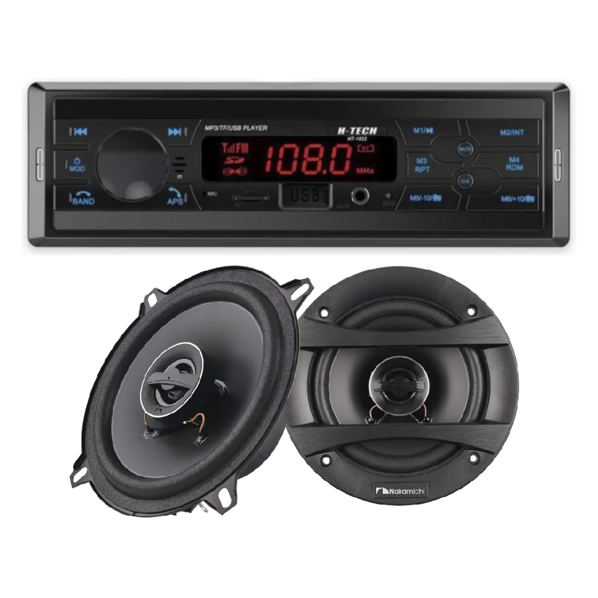 COMP Kit Rádio Automotivo 1 Din Bluetooth + Par de Alto Falantes Coaxial  5,25" 70W