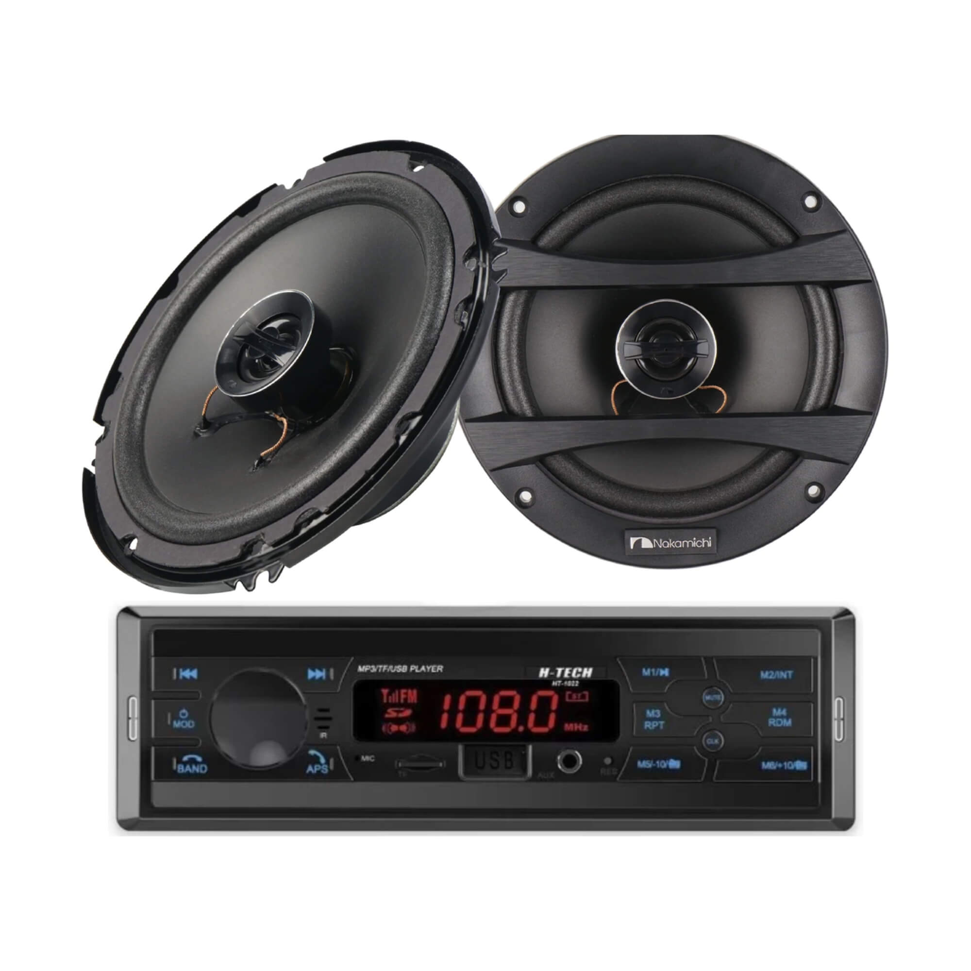 COMP Kit Rádio Automotivo 1 Din Bluetooth c/ Controle + Par de Alto Falantes Coaxial 6,5" 70W