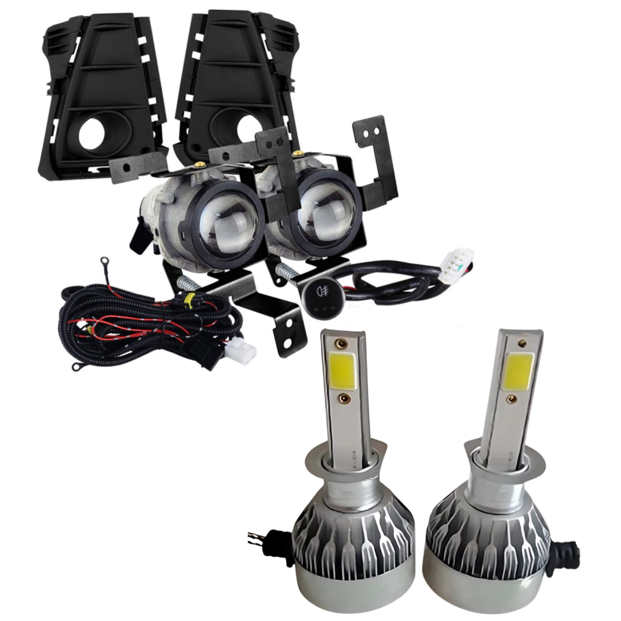 COMP Kit Farol de Milha HB20 24 Hatch/Sedan Moldura Preta Botão Touch + 2 Lâmpadas LED 6000K