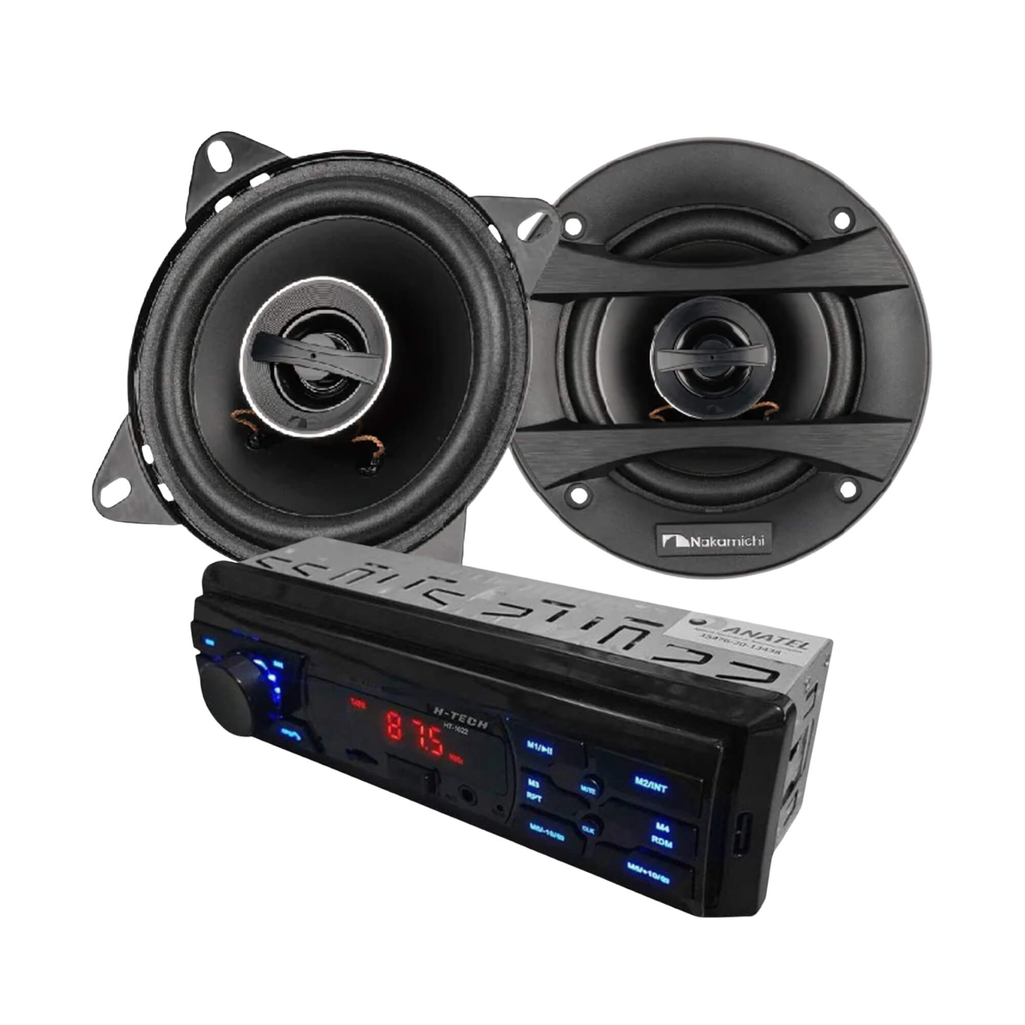 COMP Kit Som Automotivo Rádio Bluetooth H-Tech HT-1022 + Alto-Falantes Nakamichi 4" NSF423