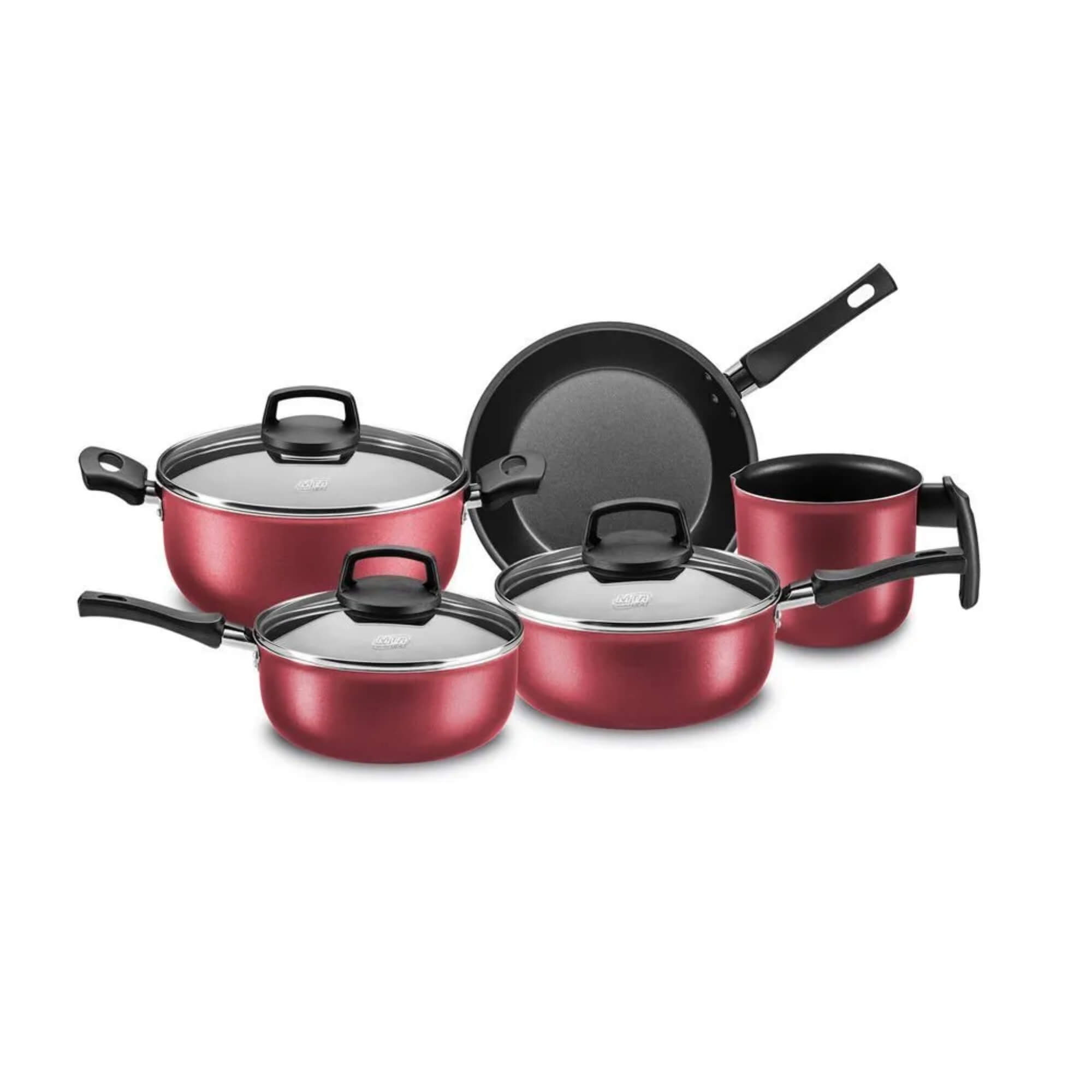 Jogo de Panelas Safira Smart com Tampa de Vidro 5 Peças Antiaderente cor Cereja MTA - 5673