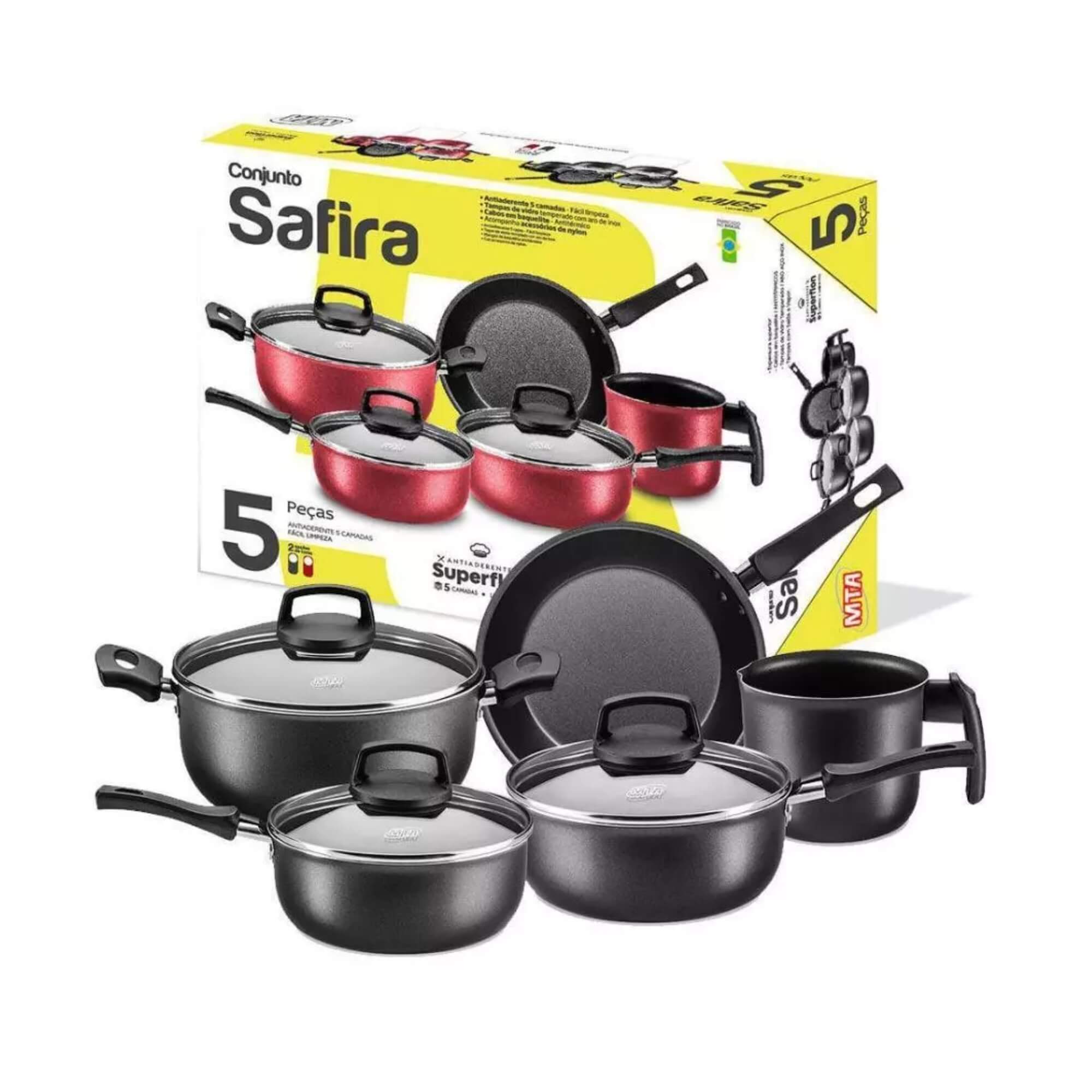 Jogo de Panelas Safira Smart com Tampa de Vidro 5 Peças Antiaderente cor Grafite MTA - 5670