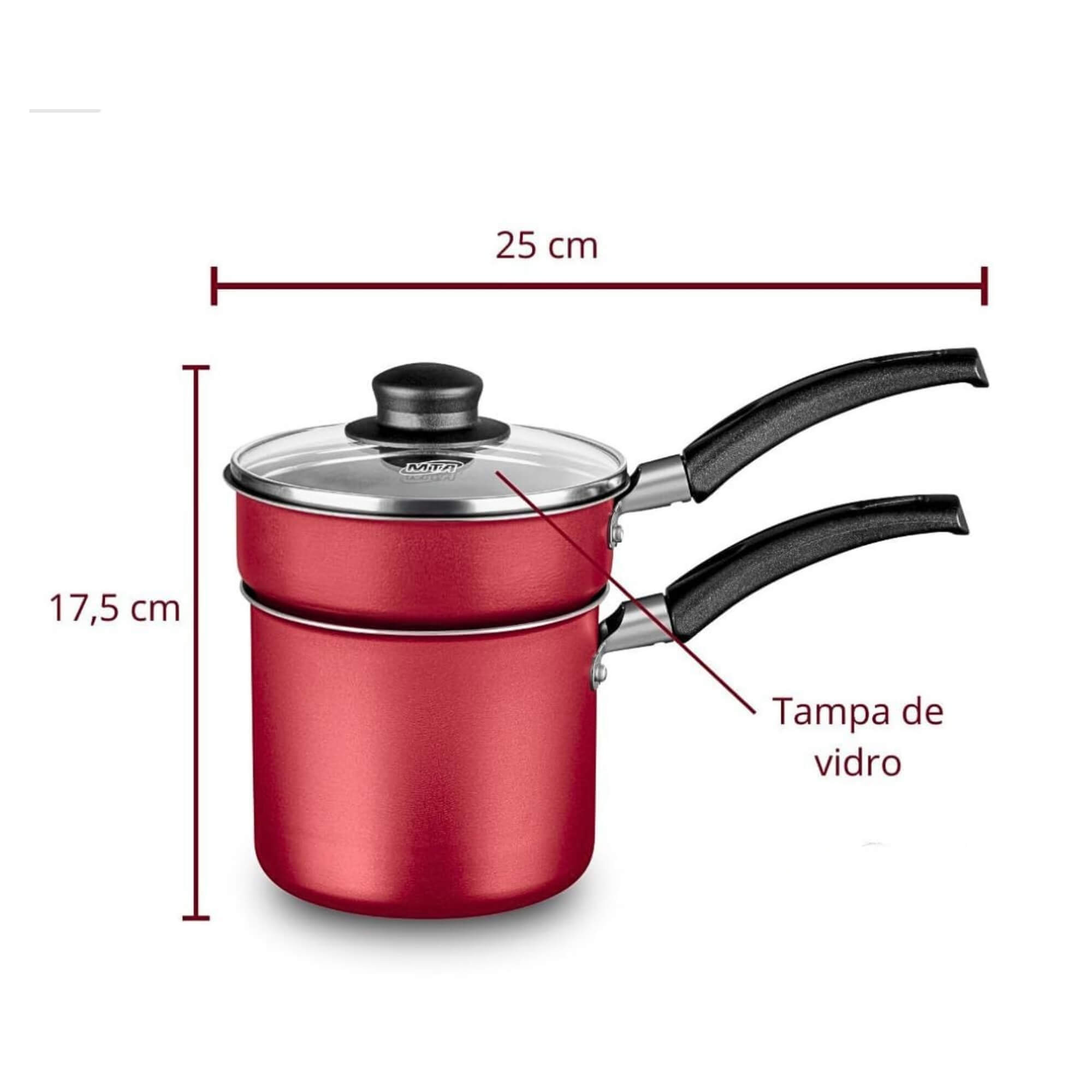 Cuscuzeira Antiaderente 12cm Cereja 2 em 1 Tampa de Vidro MTA - 8963