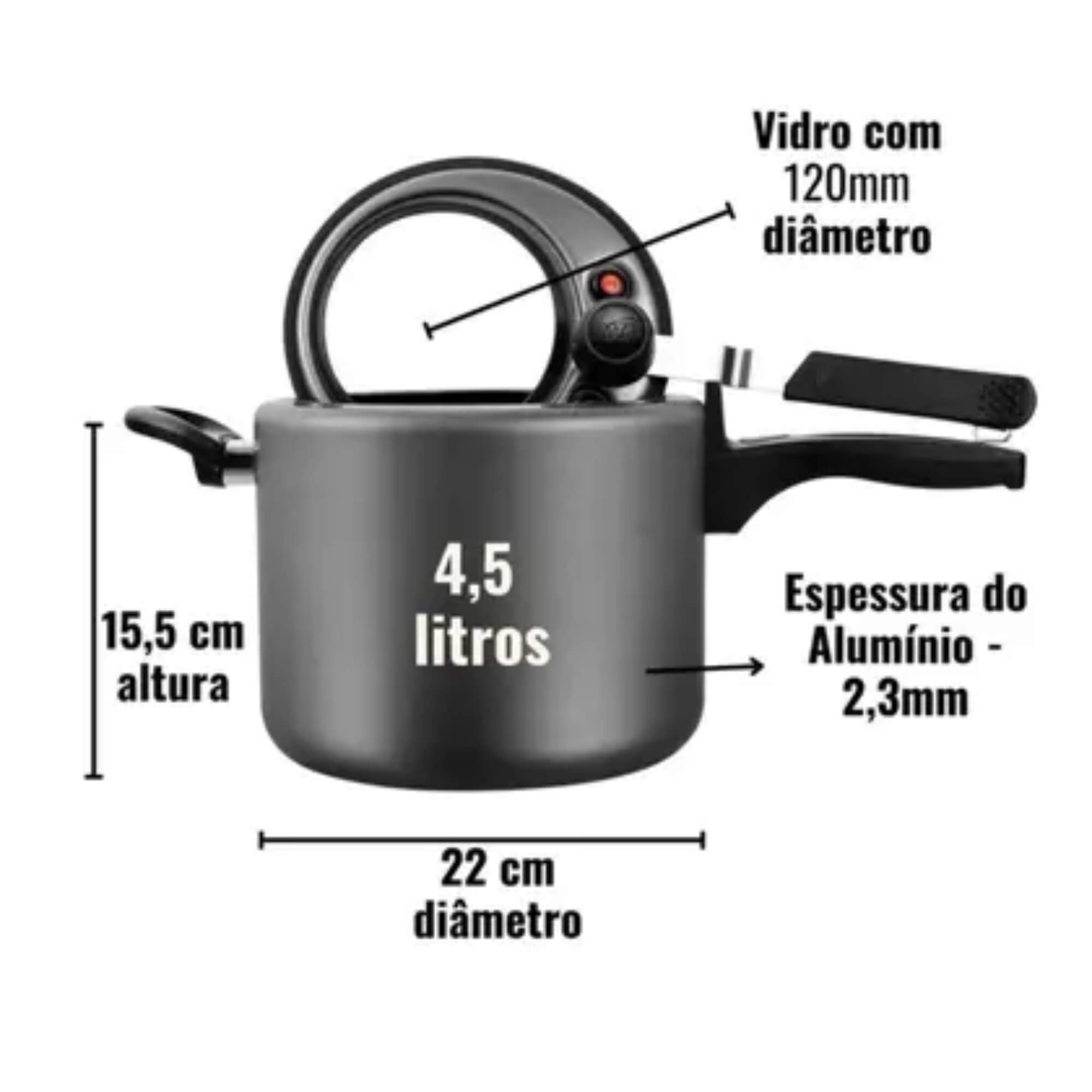 Panela de Pressão Antiaderente com Visor Grafite 4,5 Litros MTA - 6002