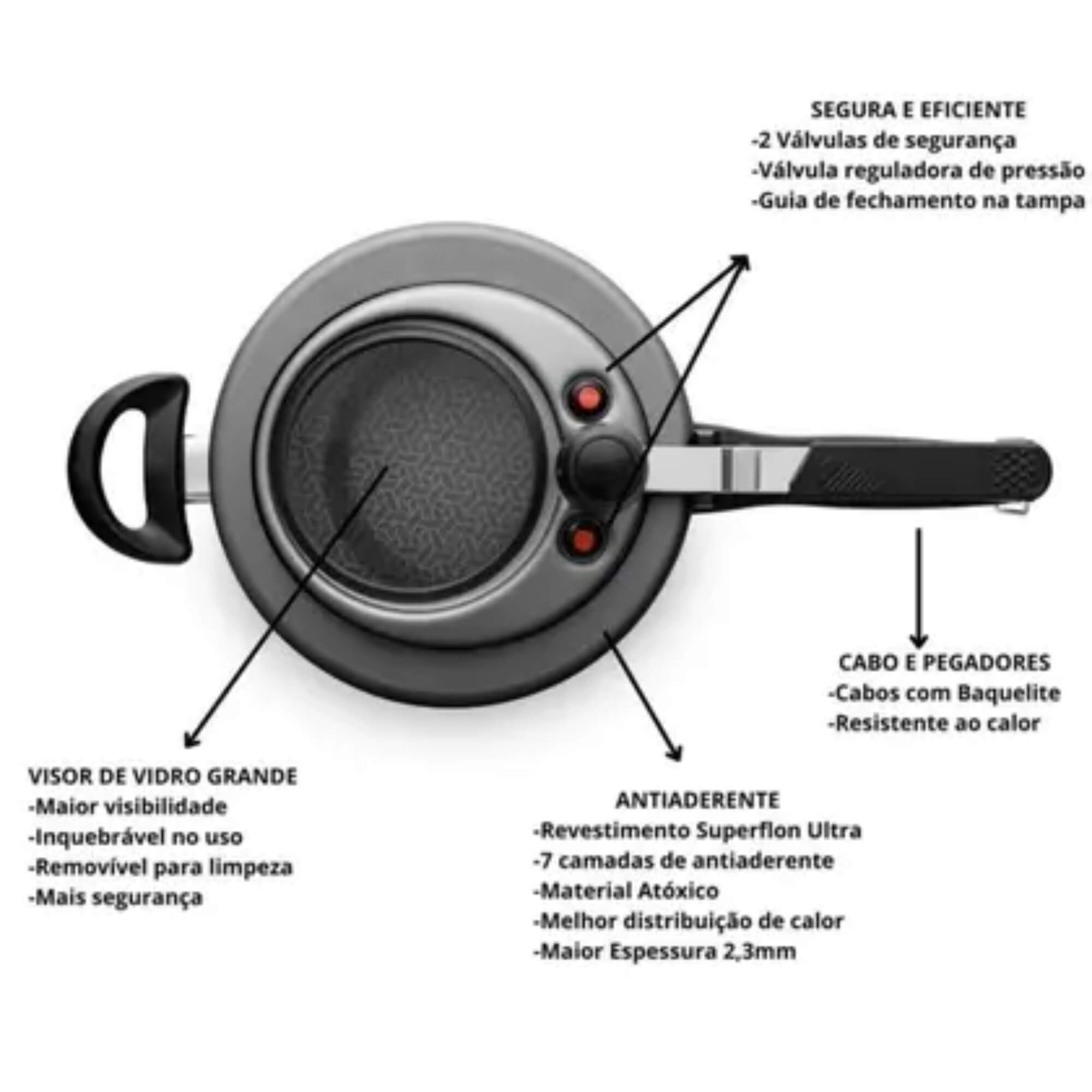 Panela de Pressão Antiaderente com Visor Grafite 4,5 Litros MTA - 6002