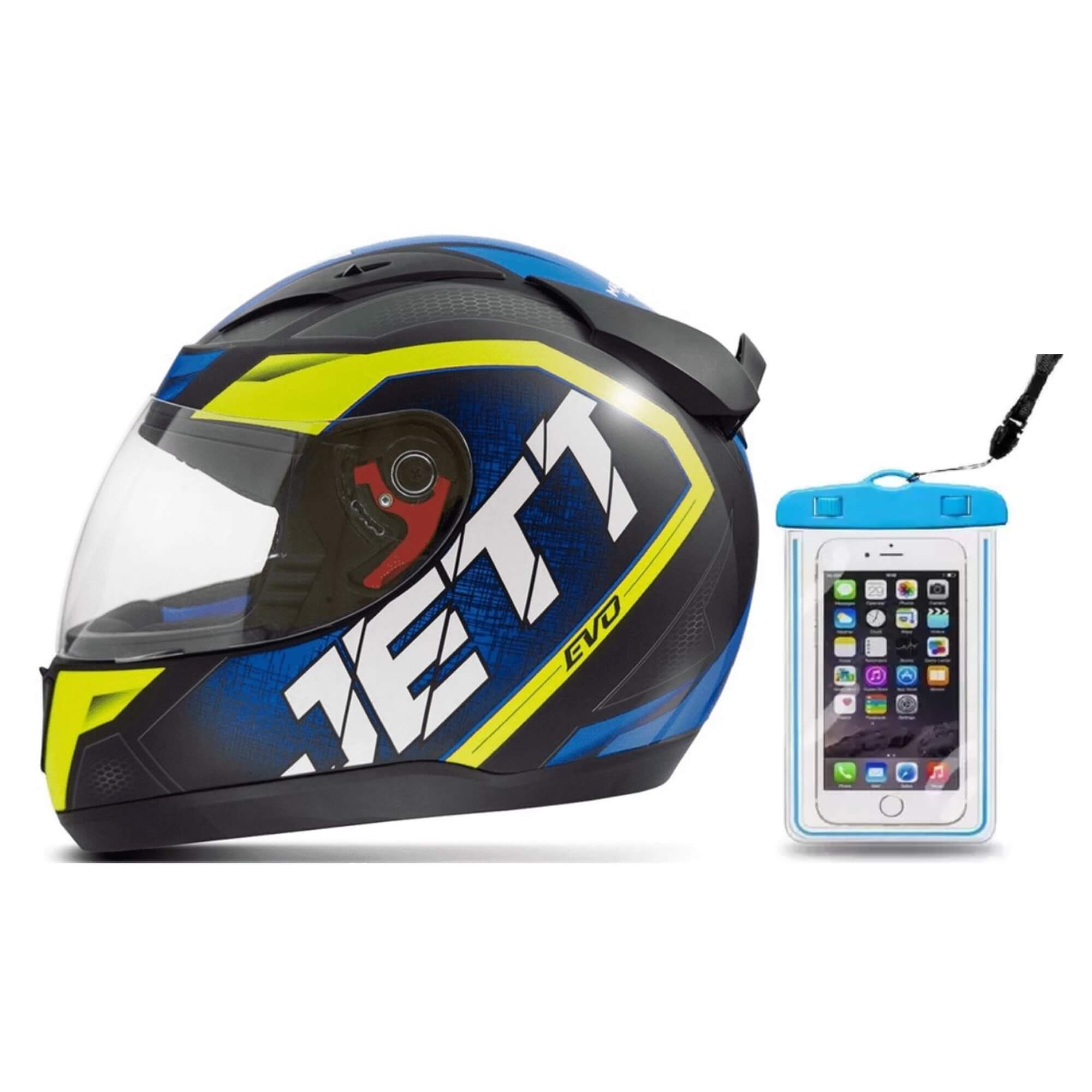COMP Kit Capacete Jett Evo Line Azul/Amarelo Brilhante Tam. 56 + Capa para Celular Impermeável