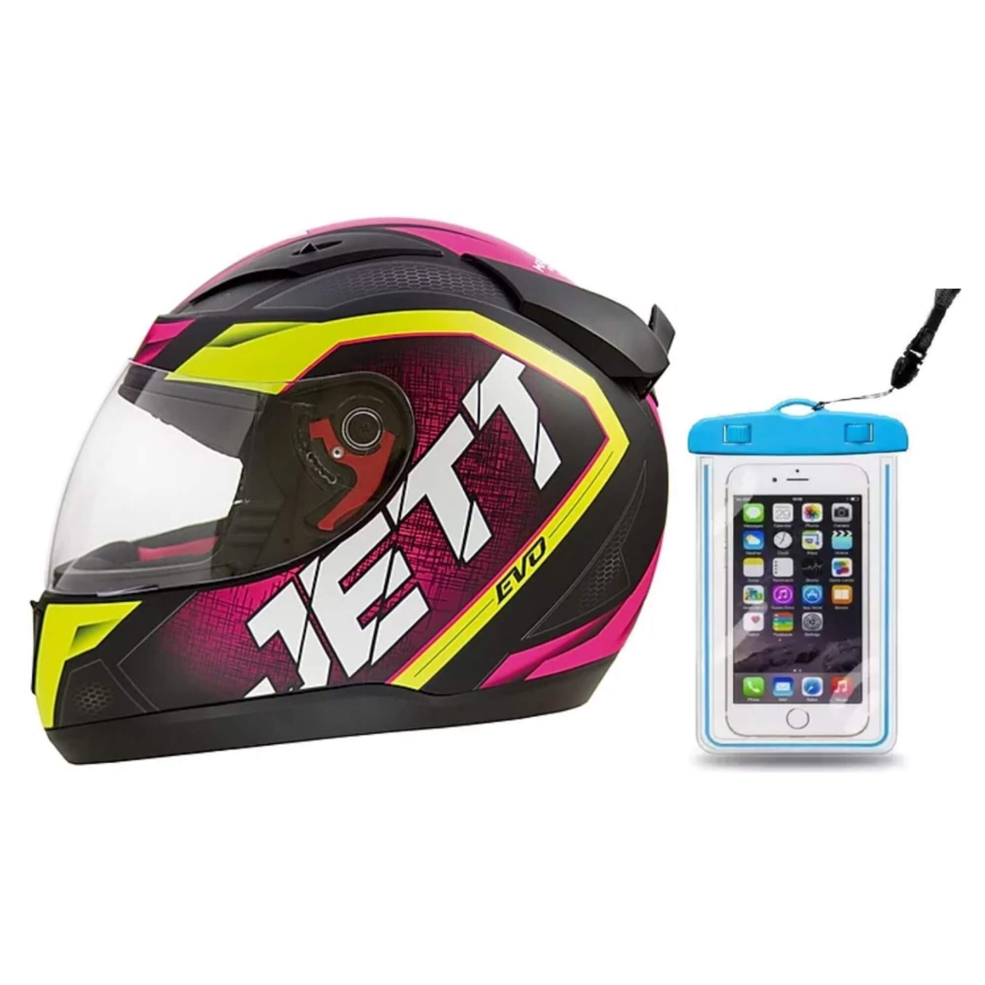 COMP Kit Capacete Jett Evo Line Rosa/Amarelo Fosco Tam. 56 + Capa para Celular Impermeável