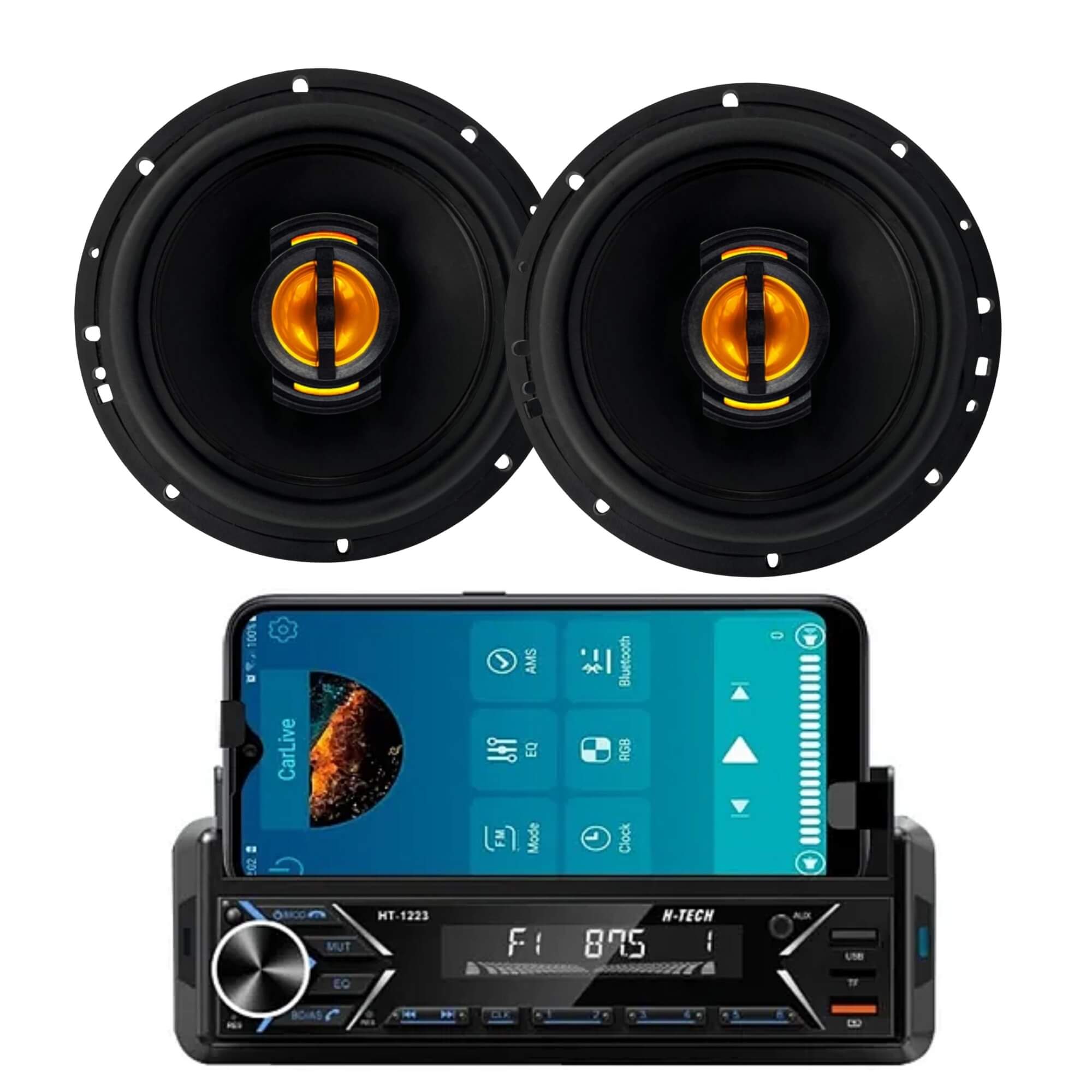 COMP Kit Som Automotivo H-Tech HT-1223 com Suporte para Celular + Alto-Falantes Leson JB6 Flex 6"