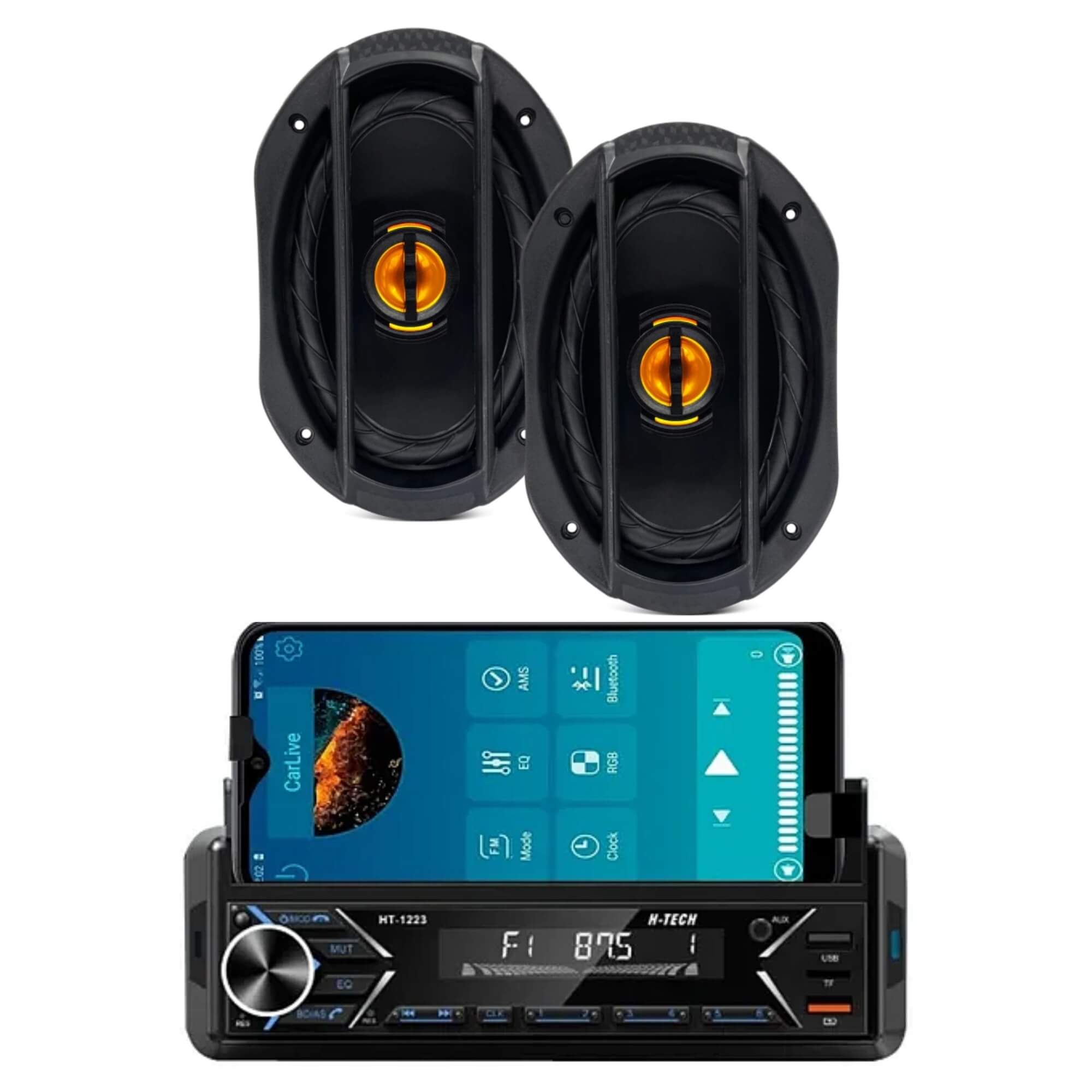 Kit Alto Falantes Automotivos 6x9" 110W 4 Ohms + Rádio com Suporte para Celular