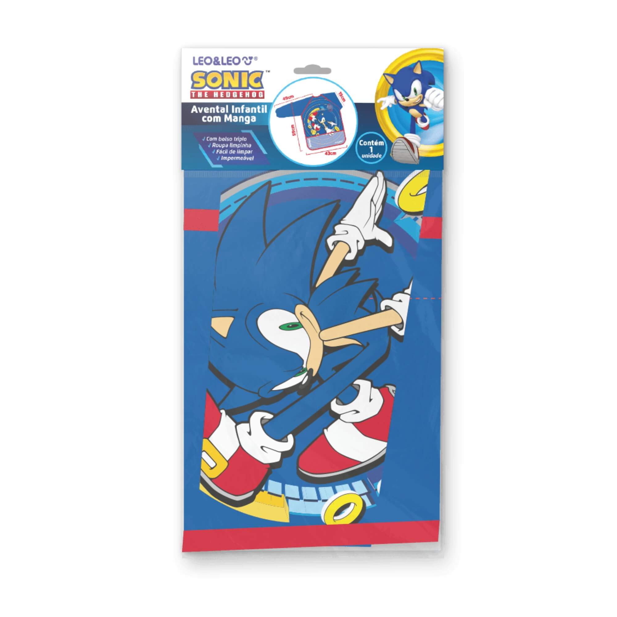 Avental Infantil Impermeável c/ Bolso e Manga Comprida Sonic Leonora - 10145