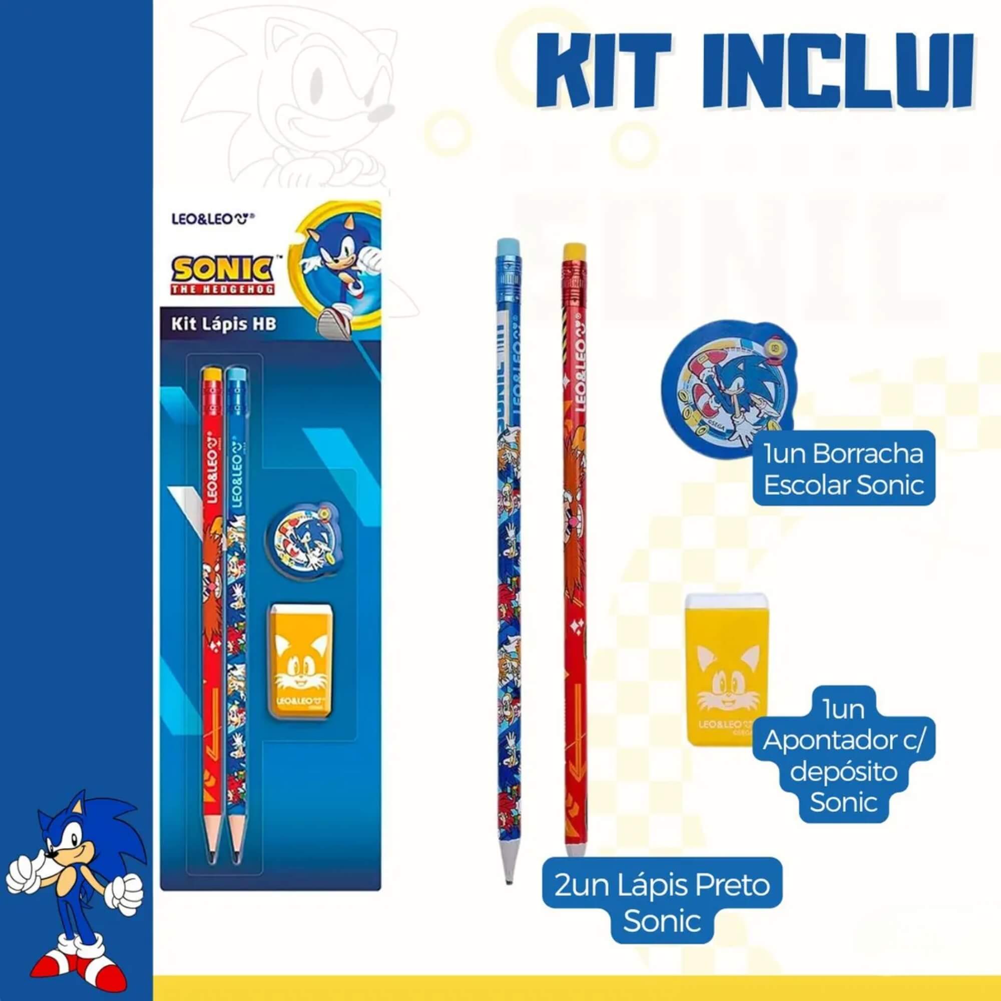 Kit Lápis HB Sonic 2 Lápis/Apontador/Borracha Leo&Leo Leonora - 10149