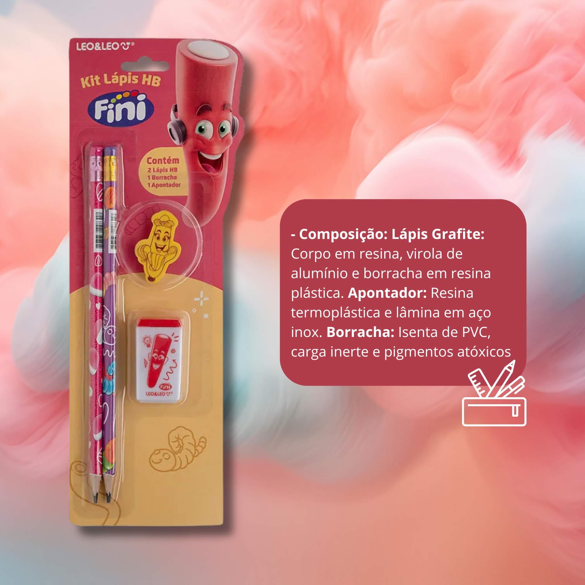 Kit Lápis HB Fini c/ 2 Lápis, Apontador, Borracha Leo&Leo Leonora - 10330