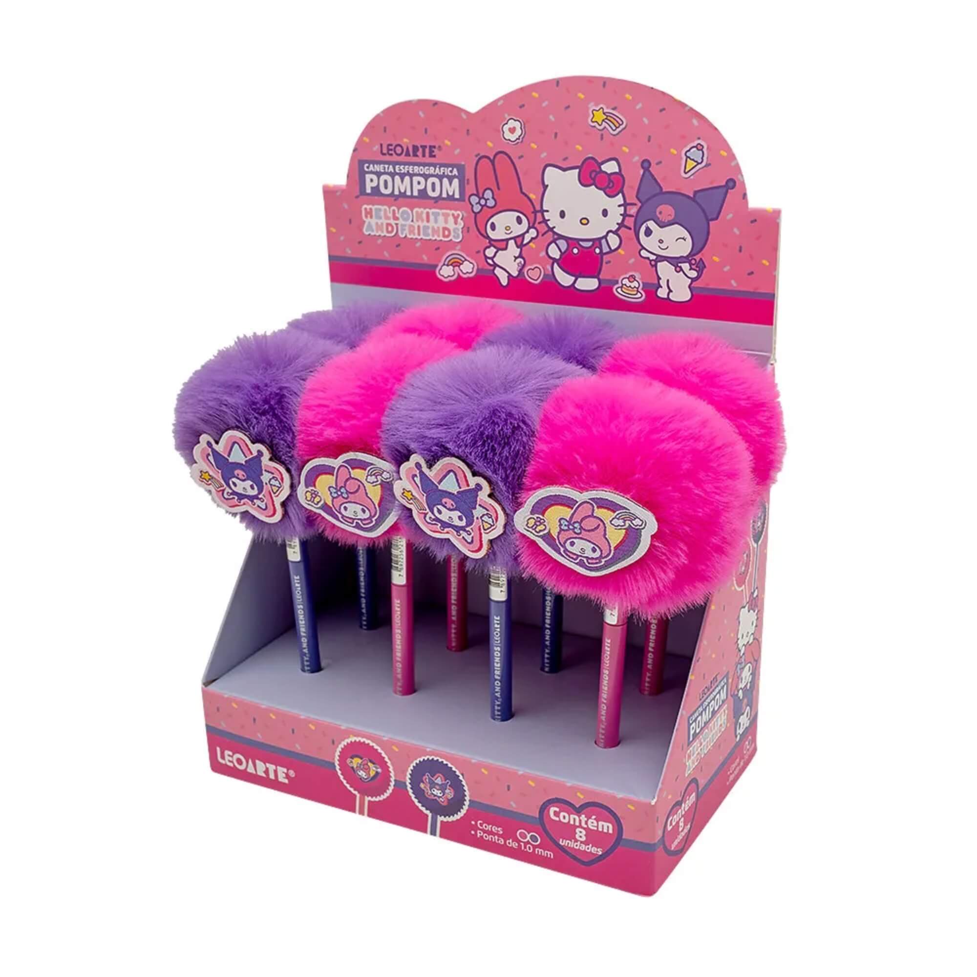 Caneta Pompom com Aplique Hello Kitty e Amigos - Display c/ 8 Und Leoarte Leonora - 10477