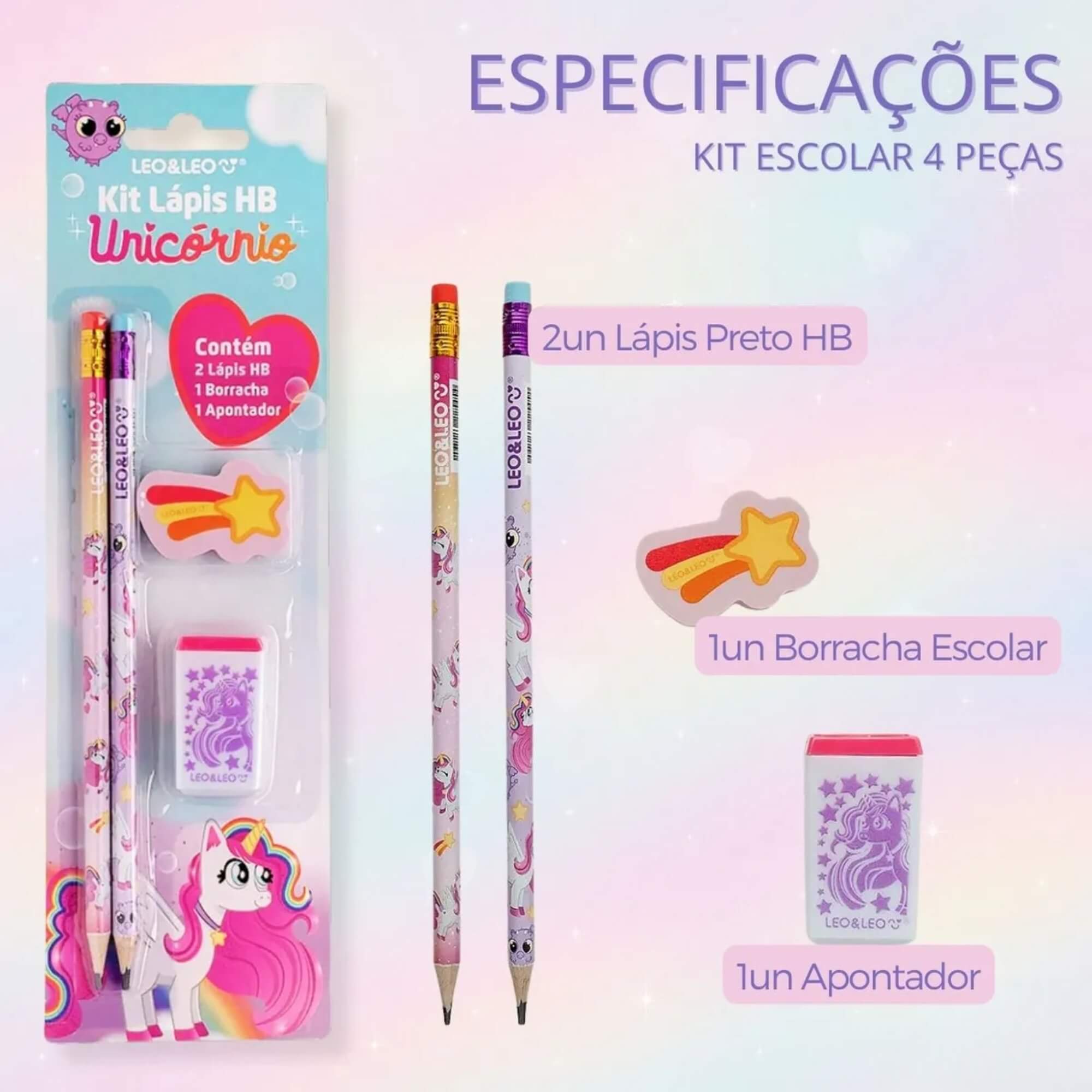Kit Lápis Hb Unicórnio - 2 Lapis/Apontador/Borracha Leo&Leo Leonora - 10544