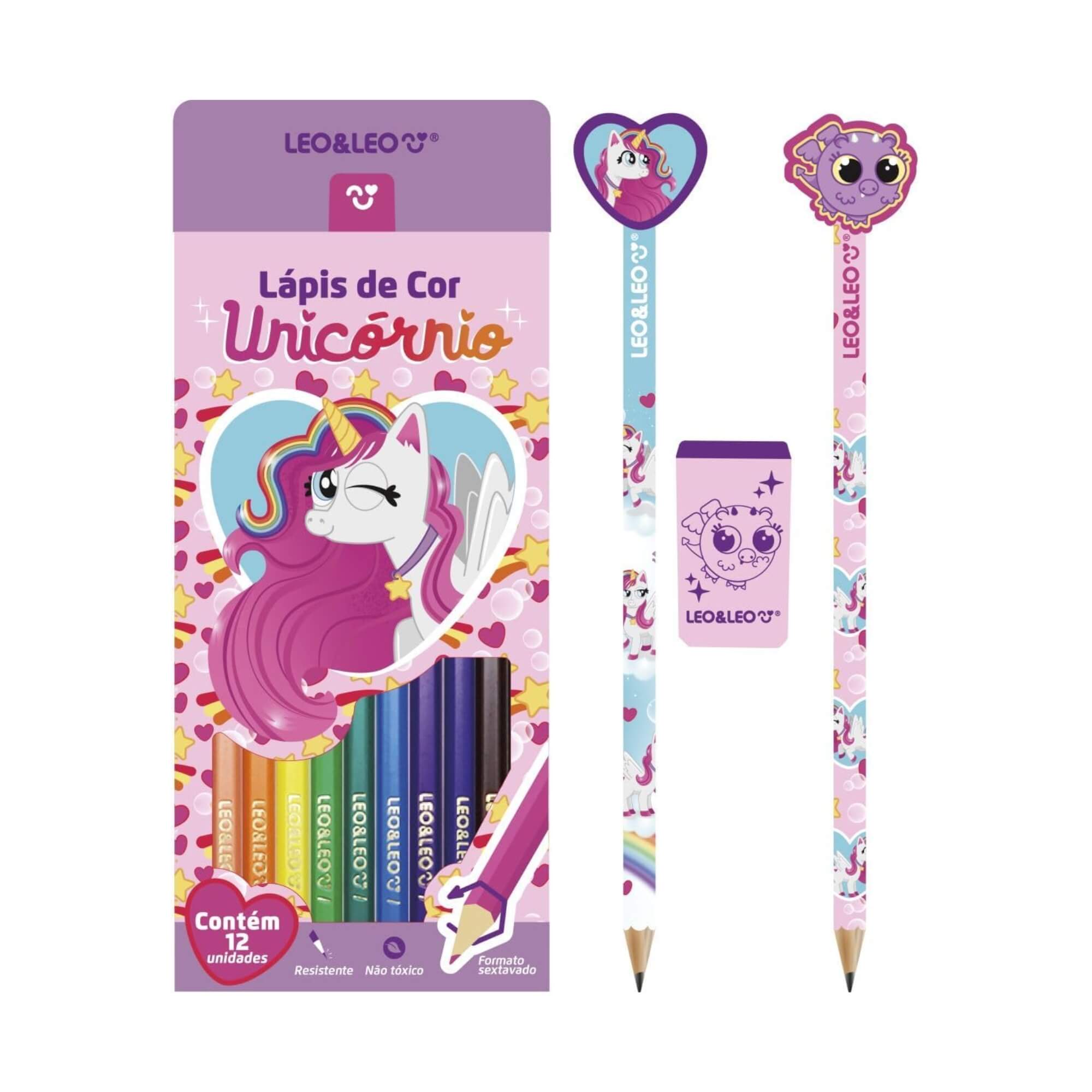 Kit Slim Lápis de Cor 12 Cores + 2 Lapis Hb c/ Borracha + Apontador Unicórnio Leonora - 10626