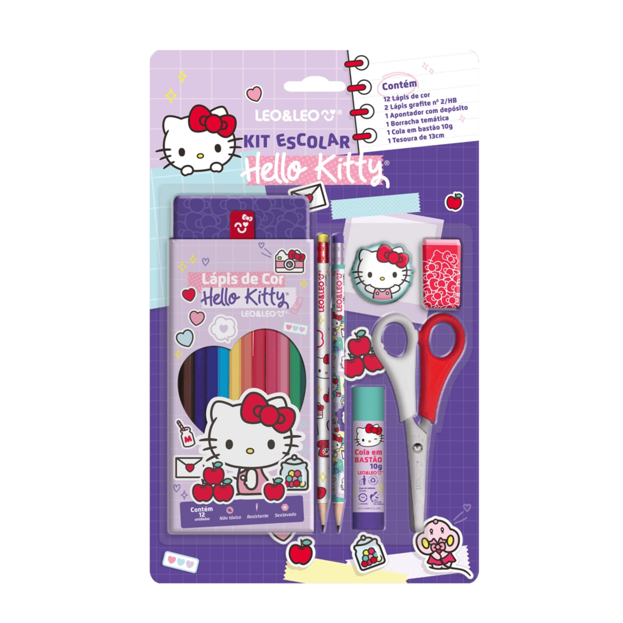 Kit Lápis De Cor 12 Cores Hello Kitty Caixa + Acessórios Leo&Leo Leonora - 71616